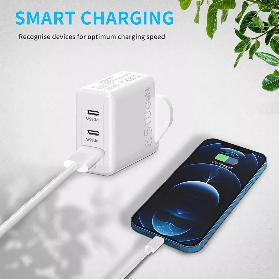 PhoneBits 3 USB Ports GaN Technology Phone Charger Adapter, Single QC3.0 USB-A & Dual PD 65W USB-C Ports Power Charger Plug, 3 Pin Fast Charging Charger Adapter, USB Wall Charger Plug, USB-A & Dual USB-C Power Wall Adapter Fast Charger