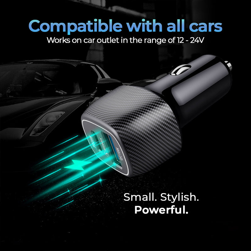 30W Fiber Carbon Design In-Car Charger With USB-A and USB-C Ports