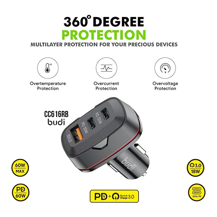 Budi autotelefoonoplader, dubbele poorten USB C PD en enkele USB A, autolader met LED-indicator, autoladeradapter