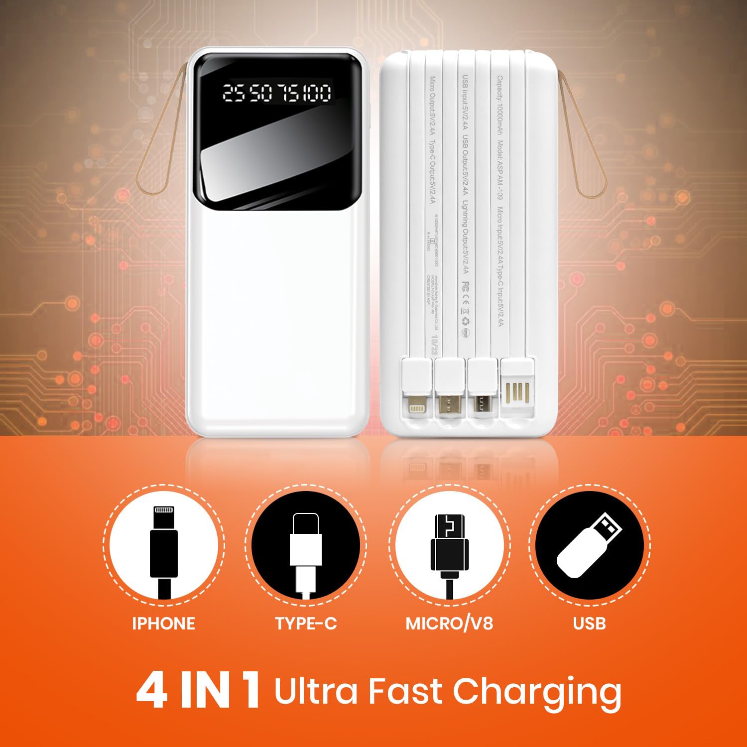 10000mAh Portable Power Bank with Built-In Cables and LED Lights