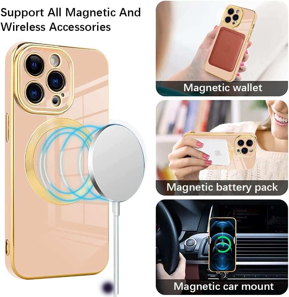 PhoneBits Luxury Soft Silicone MagSafe iPhone Case with Metallic Gold Electroplating Camera Lens & Screen Frame, Protective Shockproof iPhone Case Compatible with iPhone Wireless Chargers, Magnetic Mobile Phone Case for iPhone, iPhone Back Case Cover