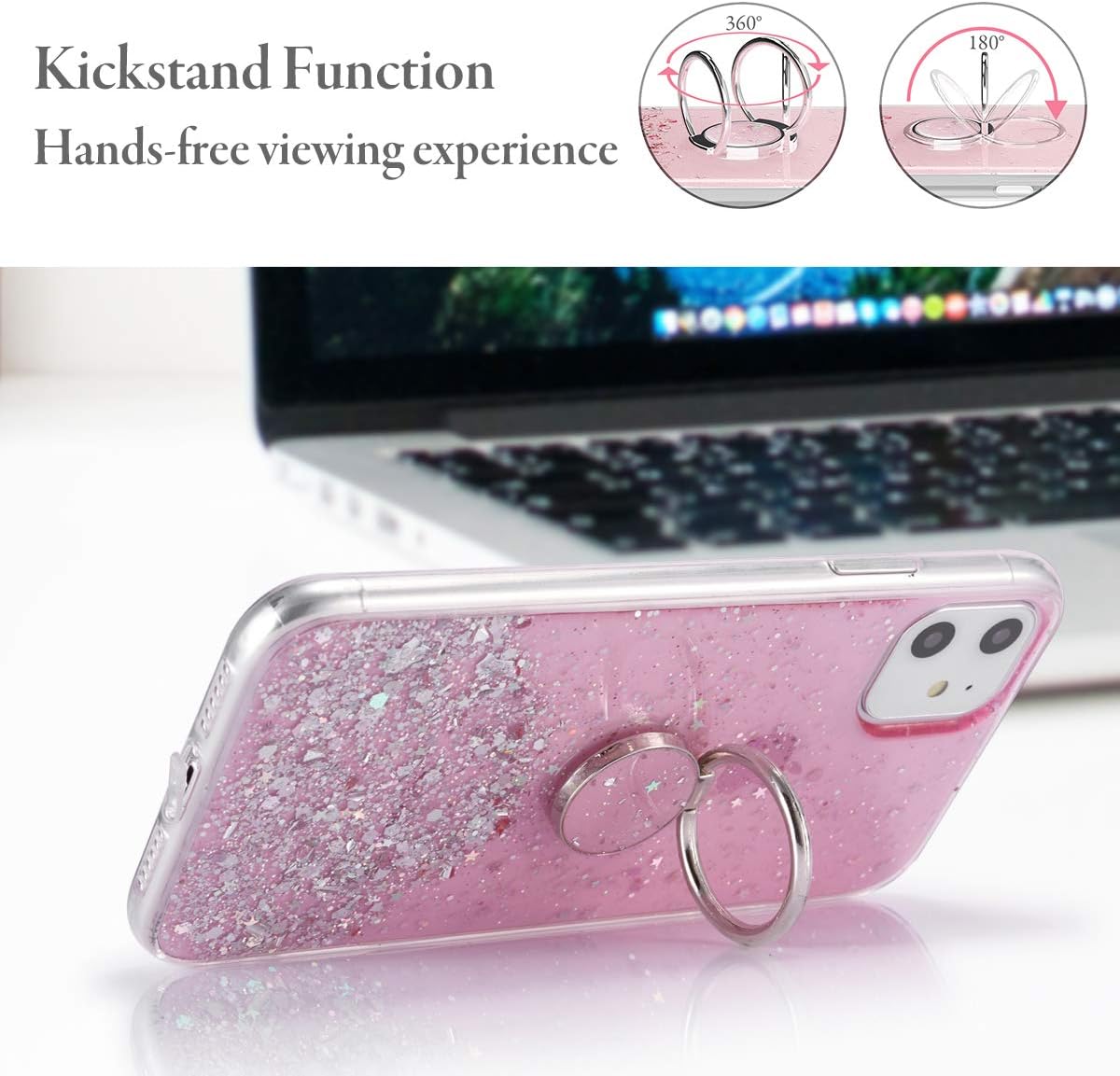 PhoneBits Slim Glittery Soft TPU iPhone Case with Ring Holder & Chromed Camera Edge, Protective Shockproof iPhone Ring Holder Case Compatible with iPhone, Mobile Phone Case with Stand for iPhone, Back iPhone Holder Case Cover with Kickstand Ring