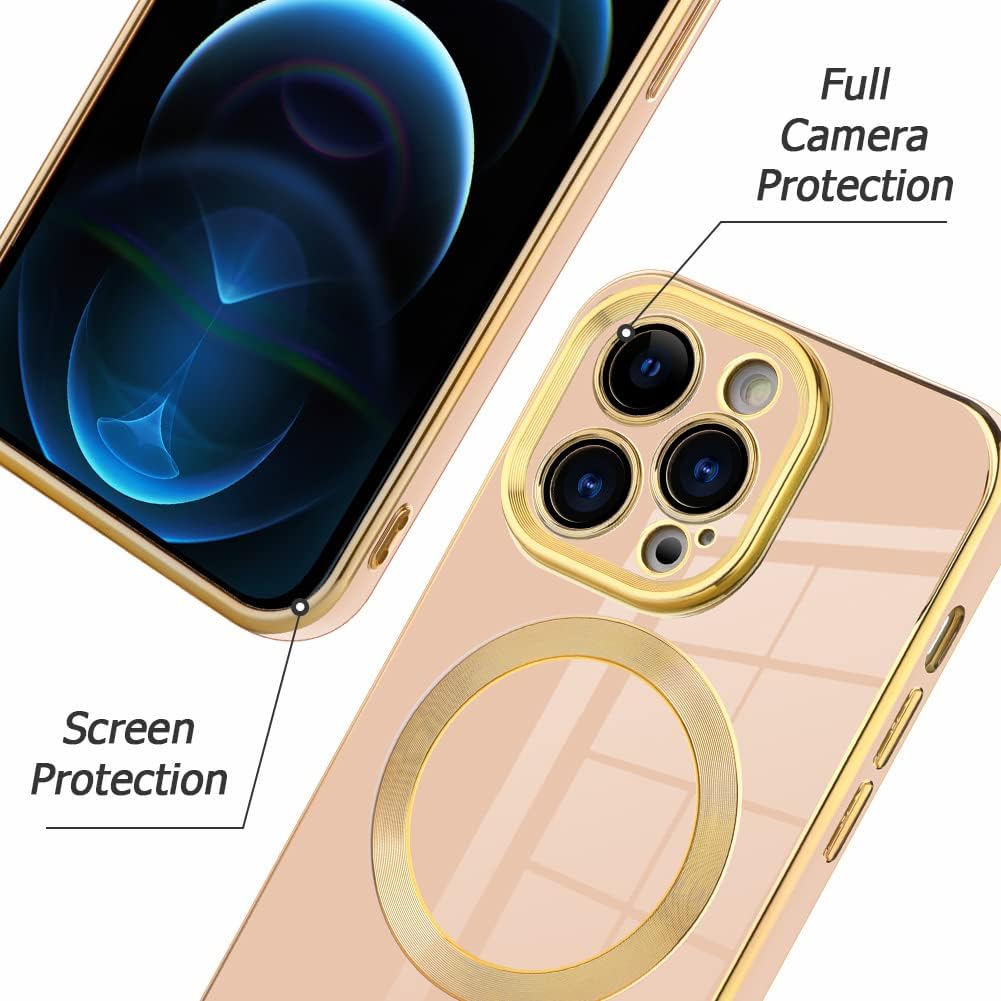 PhoneBits Luxury Soft Silicone MagSafe iPhone Case with Metallic Gold Electroplating Camera Lens & Screen Frame, Protective Shockproof iPhone Case Compatible with iPhone Wireless Chargers, Magnetic Mobile Phone Case for iPhone, iPhone Back Case Cover