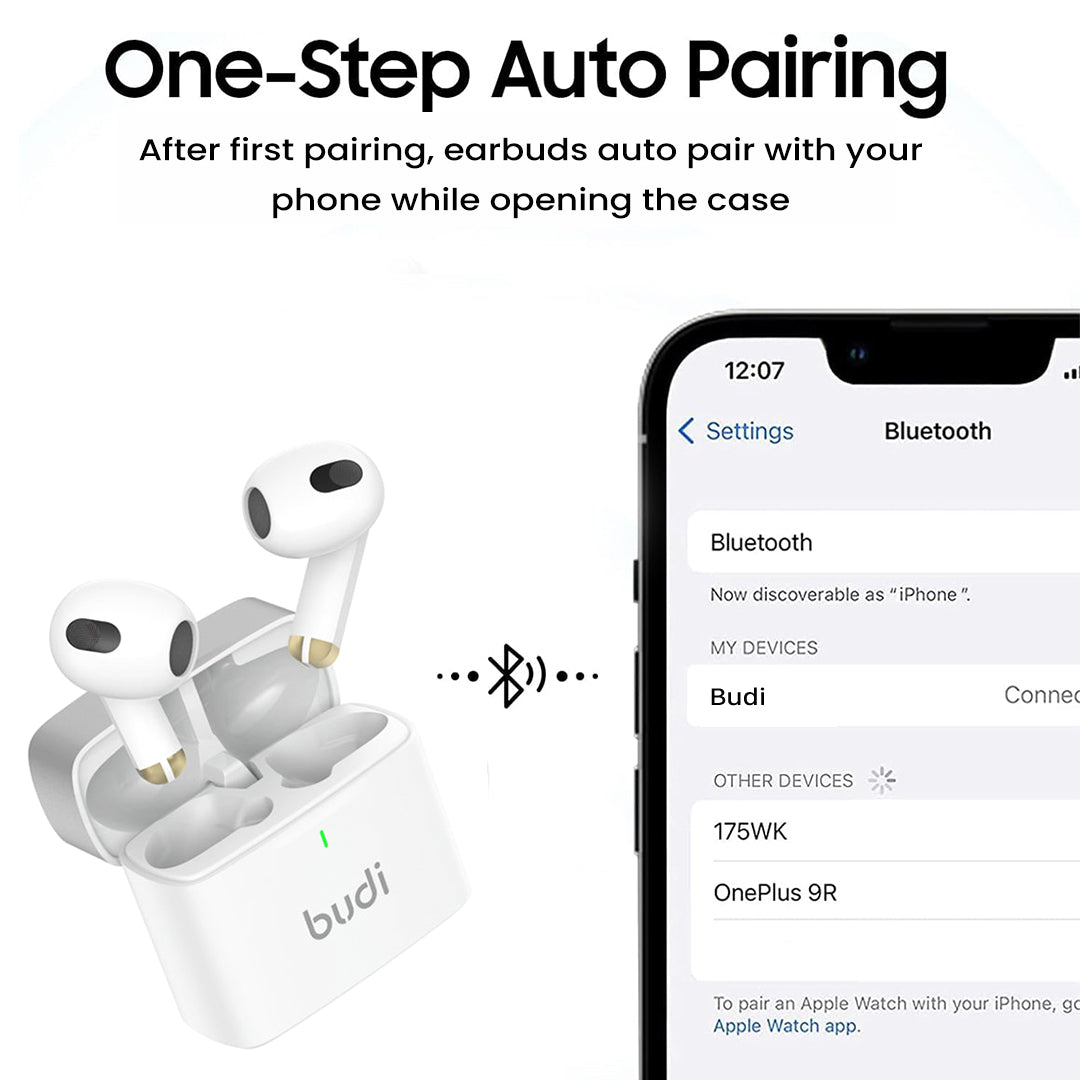 Budi True Wireless Bluetooth Earbuds - Heavy Bass Stereo In-Ear Earbuds with Mic, Noise-Cancelling Headphones, Premium Wireless Earphones for Music & Calls