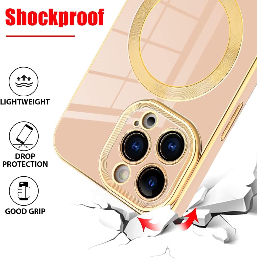 PhoneBits Luxury Soft Silicone MagSafe iPhone Case with Metallic Gold Electroplating Camera Lens & Screen Frame, Protective Shockproof iPhone Case Compatible with iPhone Wireless Chargers, Magnetic Mobile Phone Case for iPhone, iPhone Back Case Cover