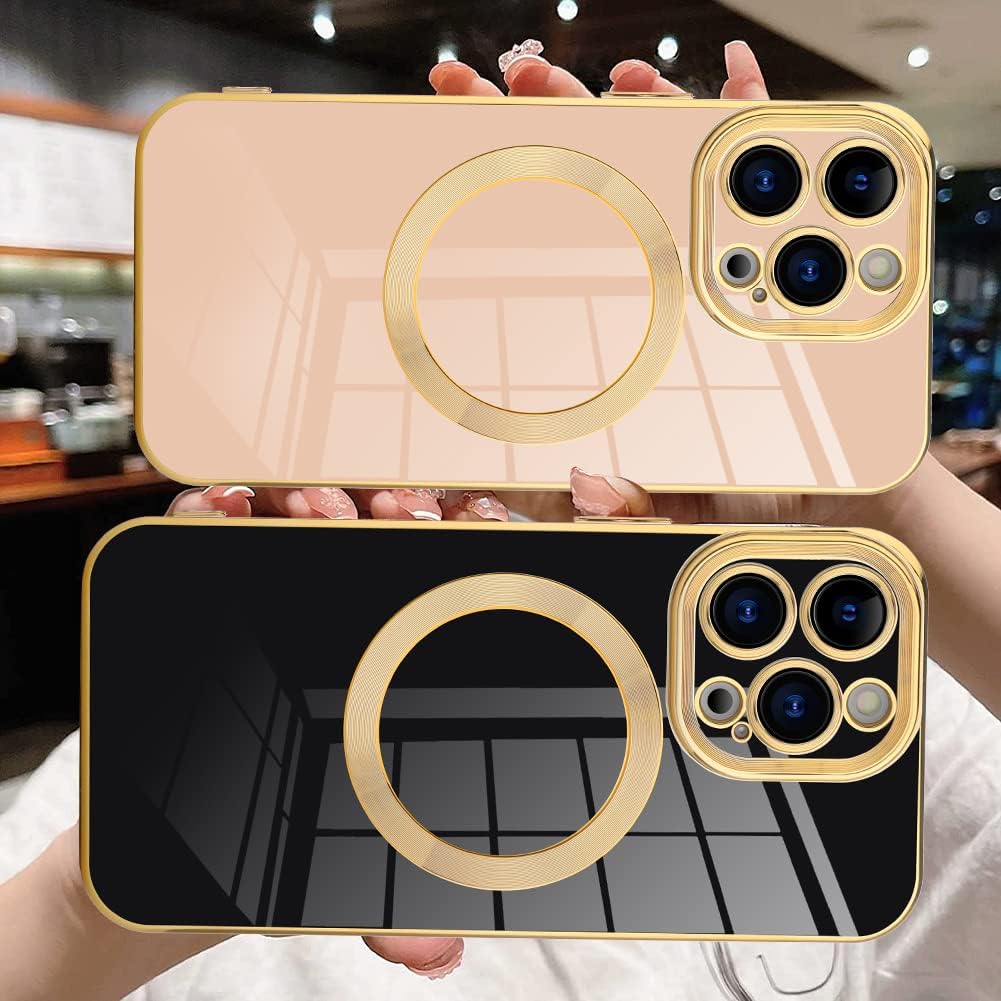 PhoneBits Luxury Soft Silicone MagSafe iPhone Case with Metallic Gold Electroplating Camera Lens & Screen Frame, Protective Shockproof iPhone Case Compatible with iPhone Wireless Chargers, Magnetic Mobile Phone Case for iPhone, iPhone Back Case Cover