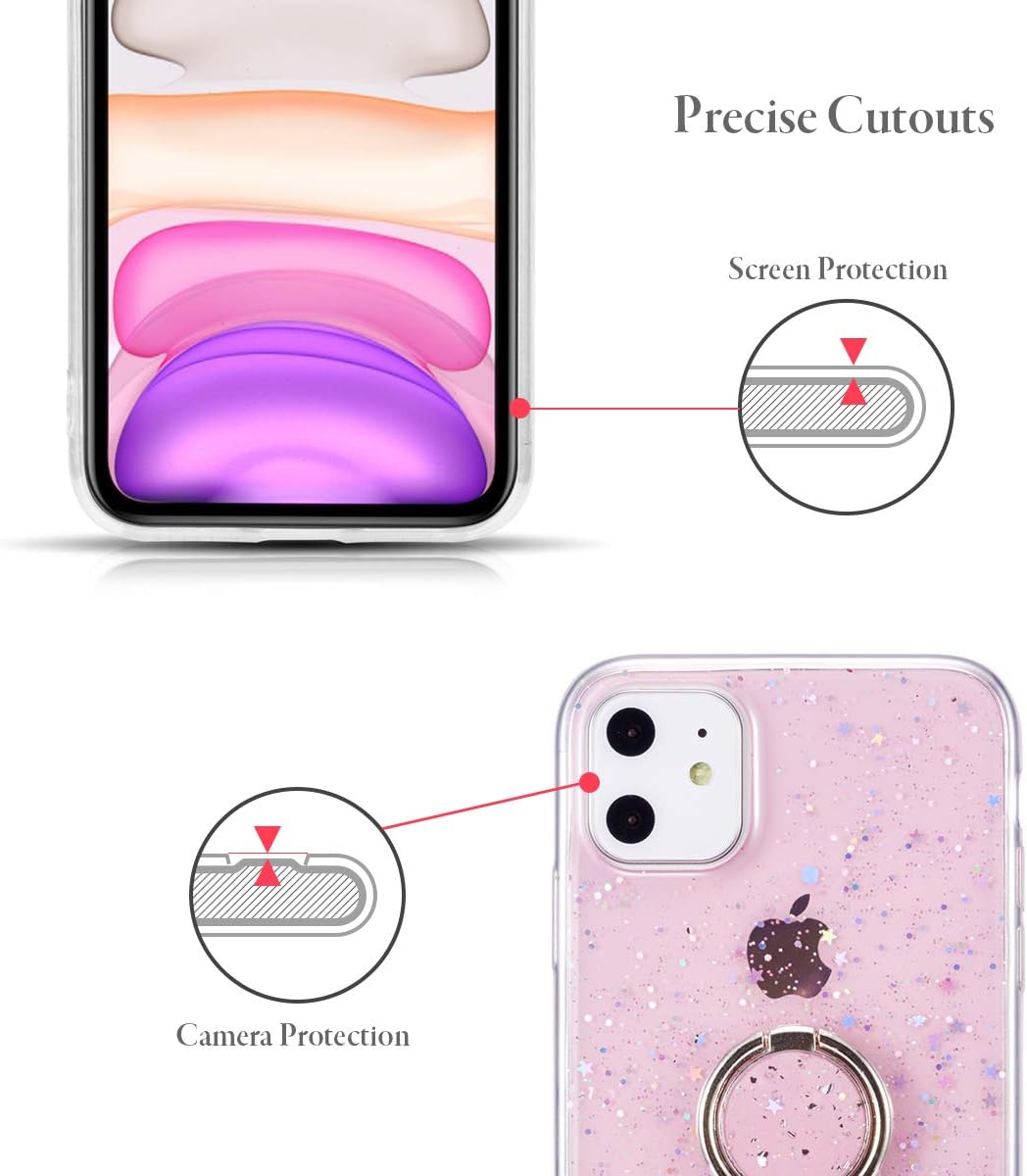 PhoneBits Slim Glittery Soft TPU iPhone Case with Ring Holder & Chromed Camera Edge, Protective Shockproof iPhone Ring Holder Case Compatible with iPhone, Mobile Phone Case with Stand for iPhone, Back iPhone Holder Case Cover with Kickstand Ring