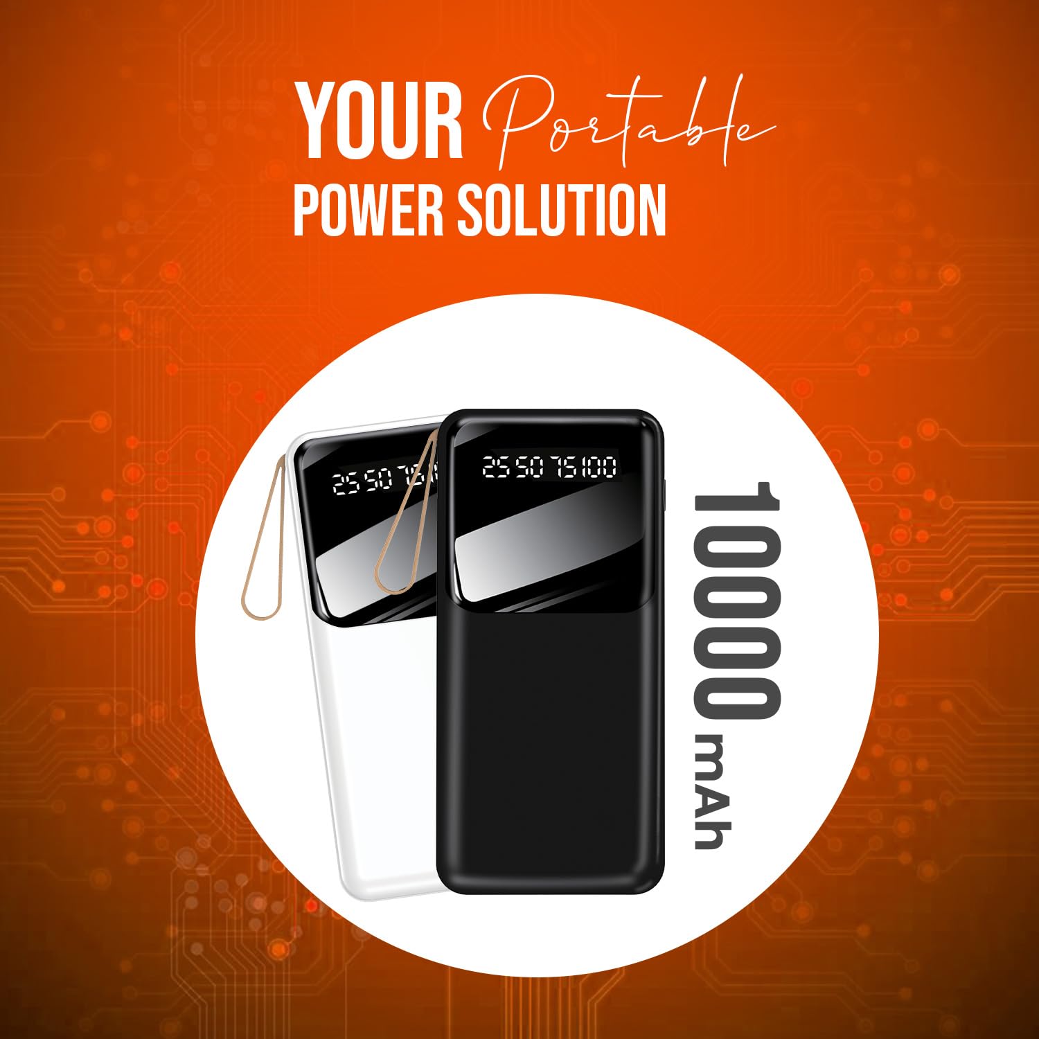 10000mAh Portable Power Bank with Built-In Cables and LED Lights