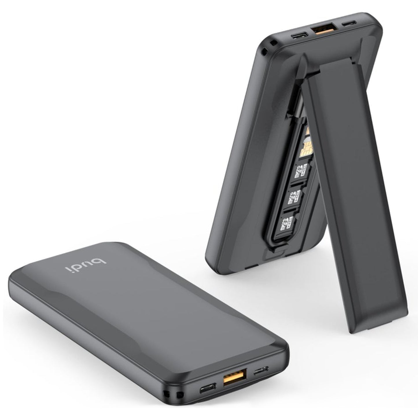 Budi Tragbare Powerbank 10000 mAh, tragbare Lade-Powerbank mit 3 USB-Anschlüssen (Lightning, Typ C, USB A) und PD-Typ-C-Kabel, PD-Schnelllade-Powerbank mit faltbarer Multifunktionsbox, Ständer, Schlüssel und LED-Ladeanzeige für iPhone/Smartphone