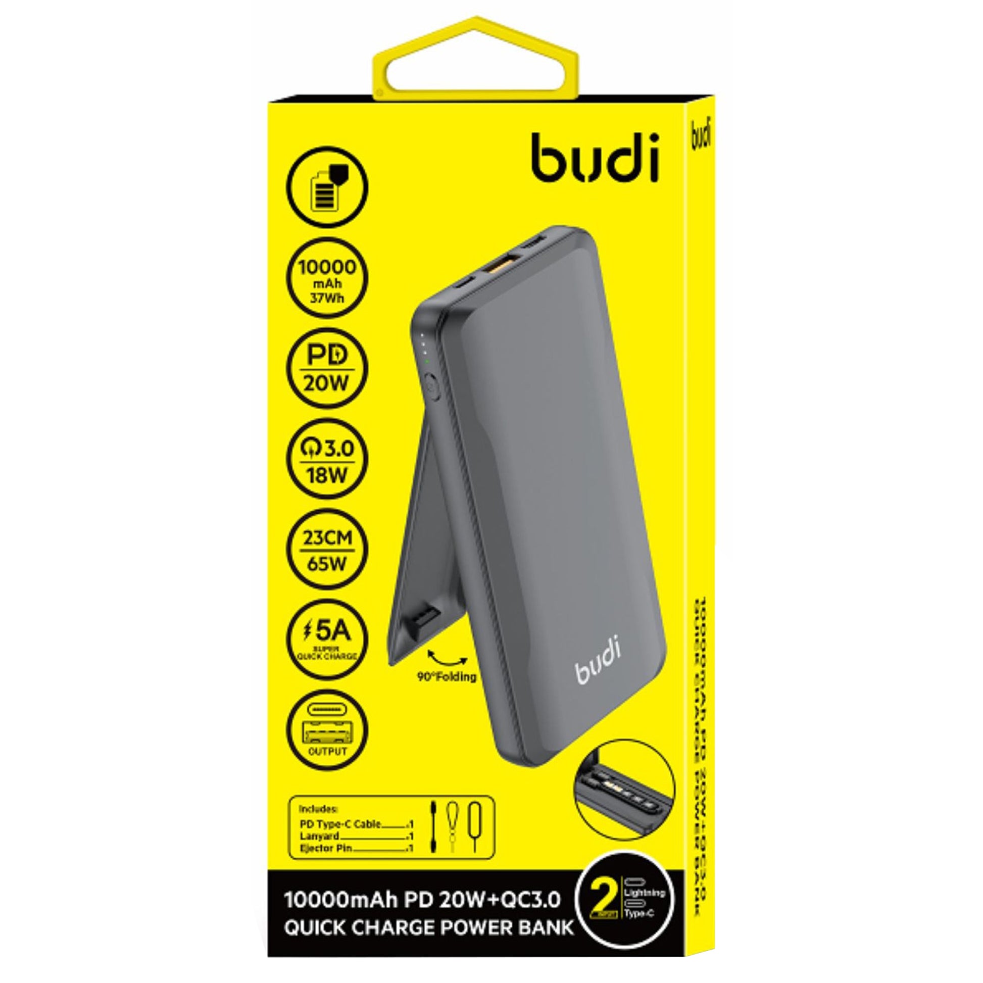 Budi Tragbare Powerbank 10000 mAh, tragbare Lade-Powerbank mit 3 USB-Anschlüssen (Lightning, Typ C, USB A) und PD-Typ-C-Kabel, PD-Schnelllade-Powerbank mit faltbarer Multifunktionsbox, Ständer, Schlüssel und LED-Ladeanzeige für iPhone/Smartphone