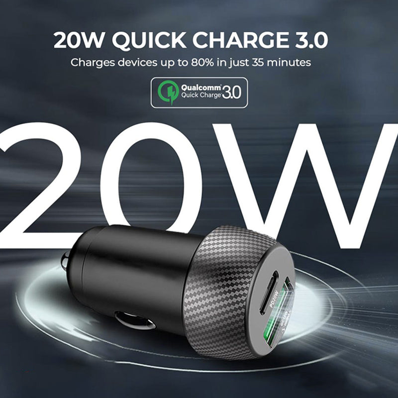 30W Fiber Carbon Design In-Car Charger With USB-A and USB-C Ports