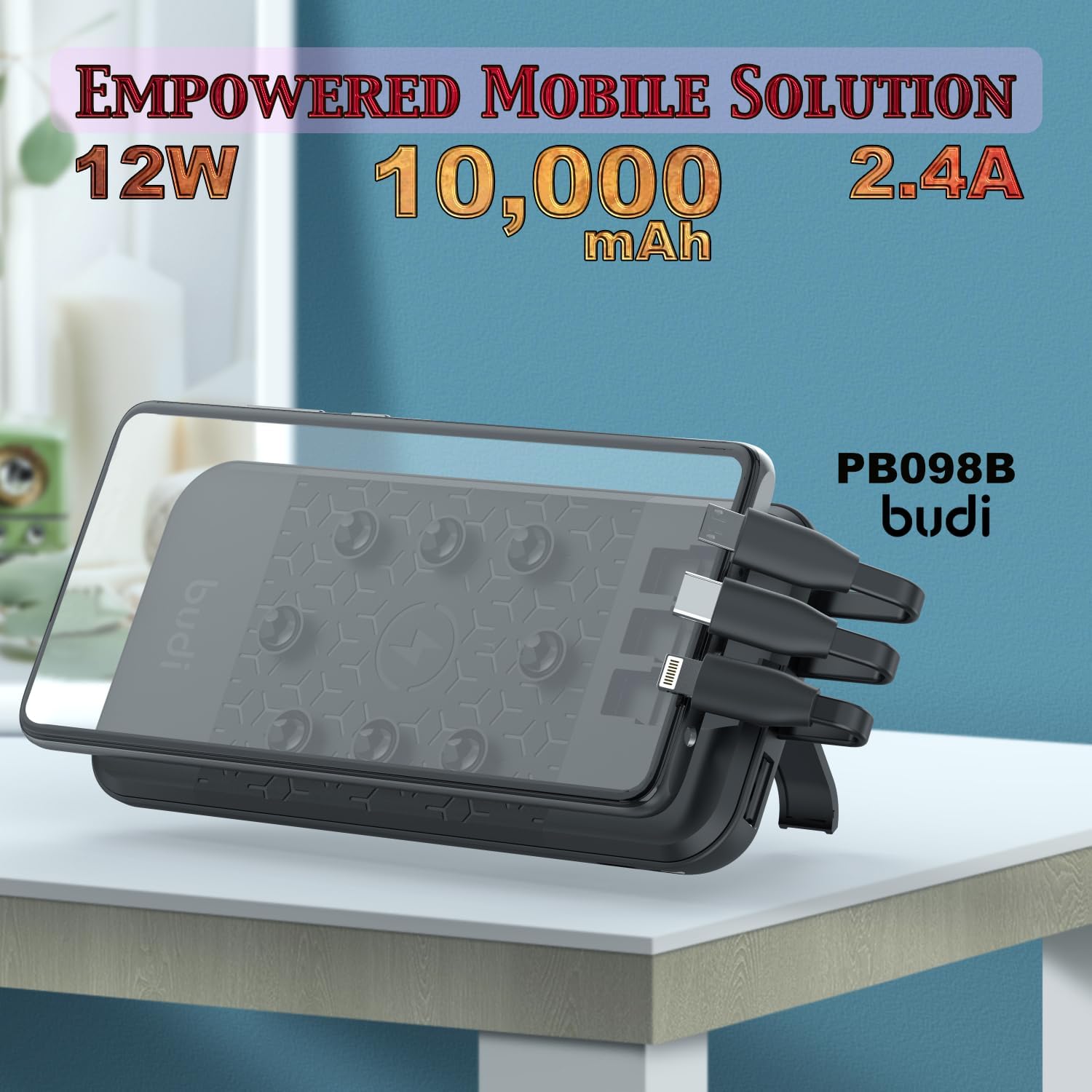 Budi Octopus draagbare powerbank 10000mAh, multi-oplaadbare powerbank met USB, draadloos opladen en 3 ingebouwde kabelsets (type-C, micro, lightning), draagbare oplader MagSafe powerbank, PD snel opladende magnetische powerbank voor iPhone/smartphone