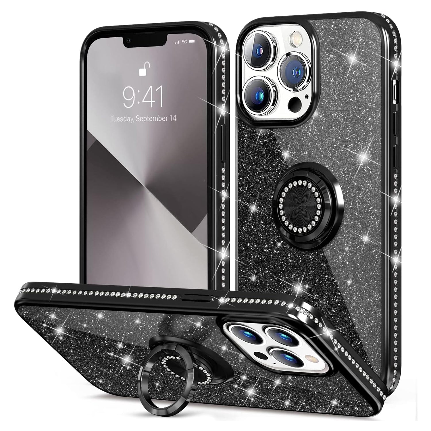 PhoneBits Slim Shiny Diamond Beaded iPhone Case with Ring Holder & Chromed Camera Edge, Protective Shockproof iPhone Ring Holder Case Compatible with iPhone, Mobile Phone Case with Stand for iPhone, Back iPhone Holder Case Cover with Kickstand Ring