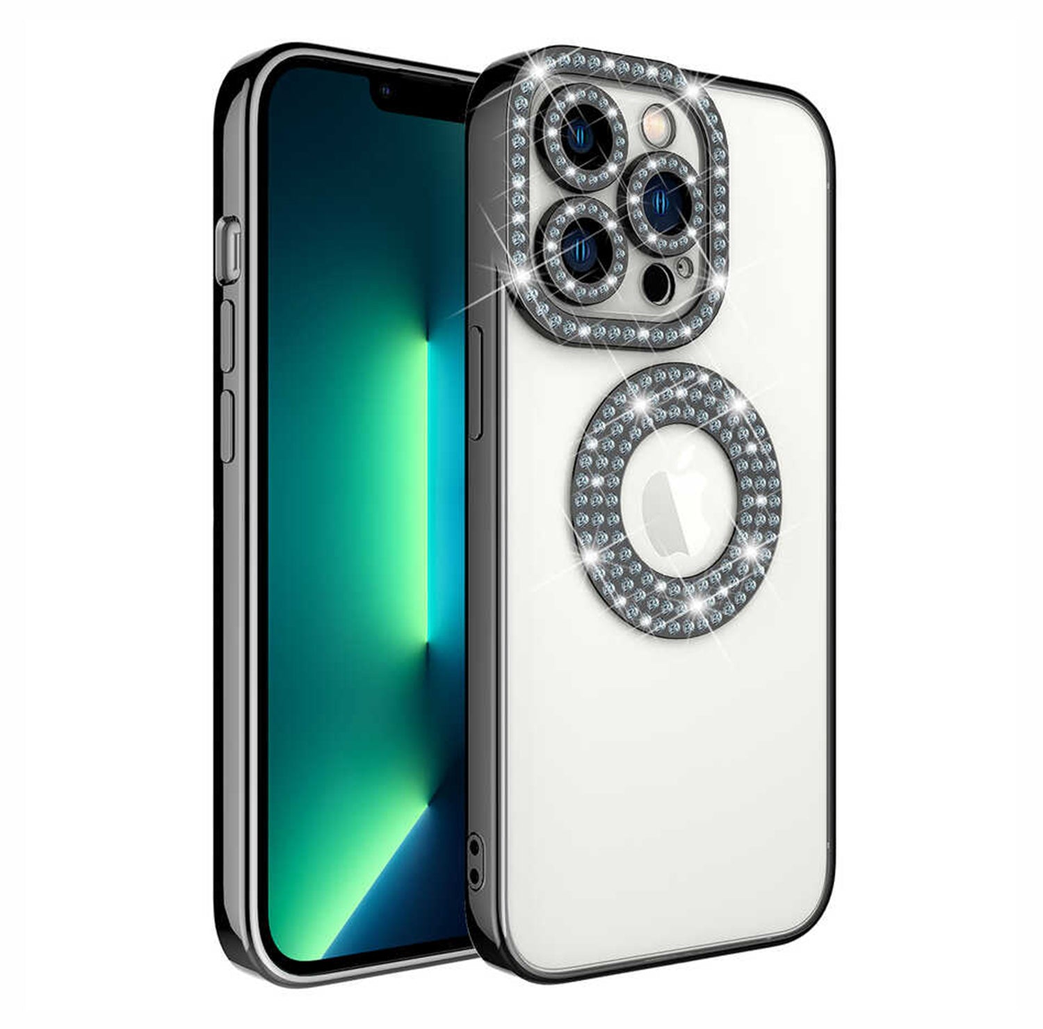 PhoneBits Luxury Clear TPU MagSafe Case for iPhone with Sparkly Daimond Rhinestone Camera Lens Frame & Wireless Charging Ring, Transparent Shockproof iPhone Case Compatible with iPhone MagSafe Chargers, Protective Magnetic Mobile Phone Back Case Cover