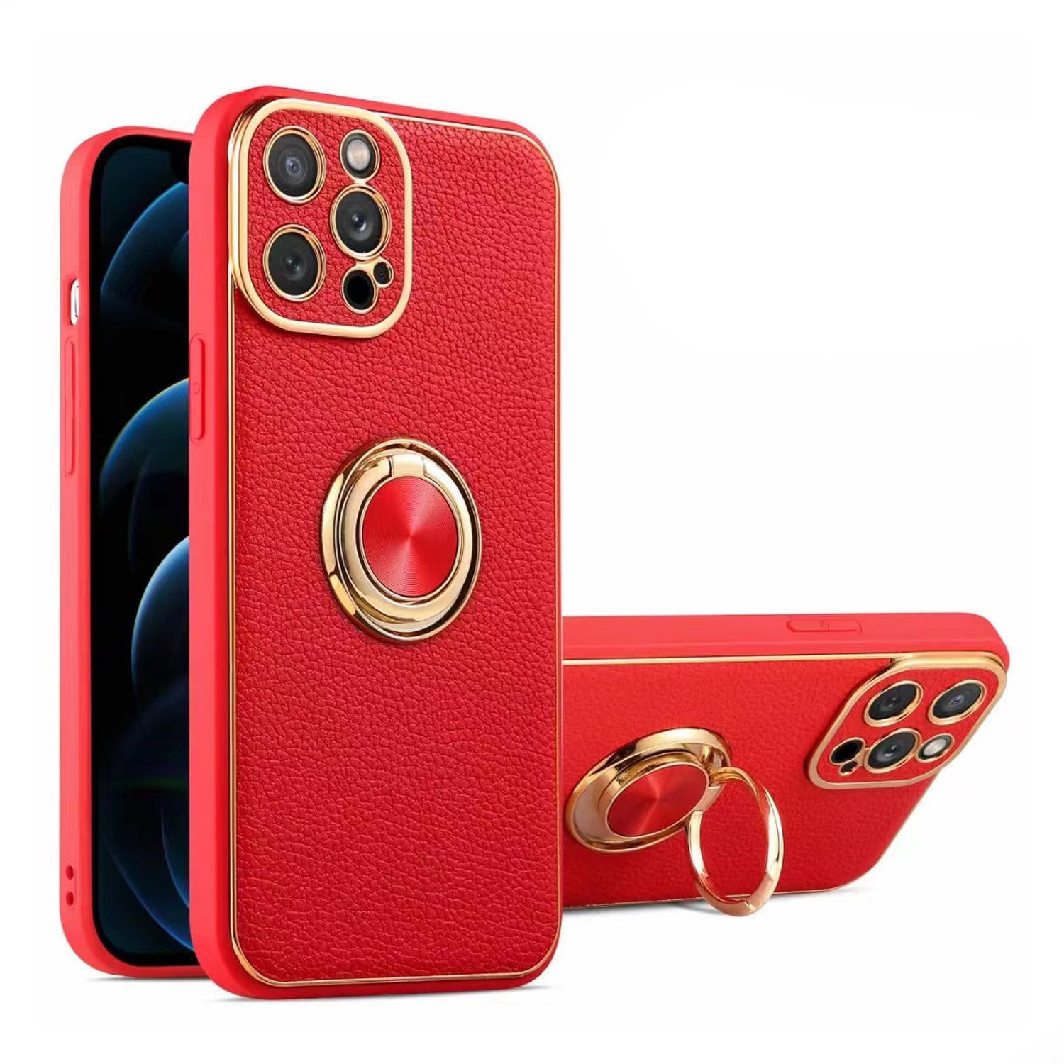 PhoneBits Luxury PU Leather Magnetic iPhone Case with Holder & Camera Lens Protection, Protective Shockproof iPhone Ring Holder Case Compatible with Magnetic Car Mount, Mobile Phone Case with Stand, Back iPhone Holder Case Cover