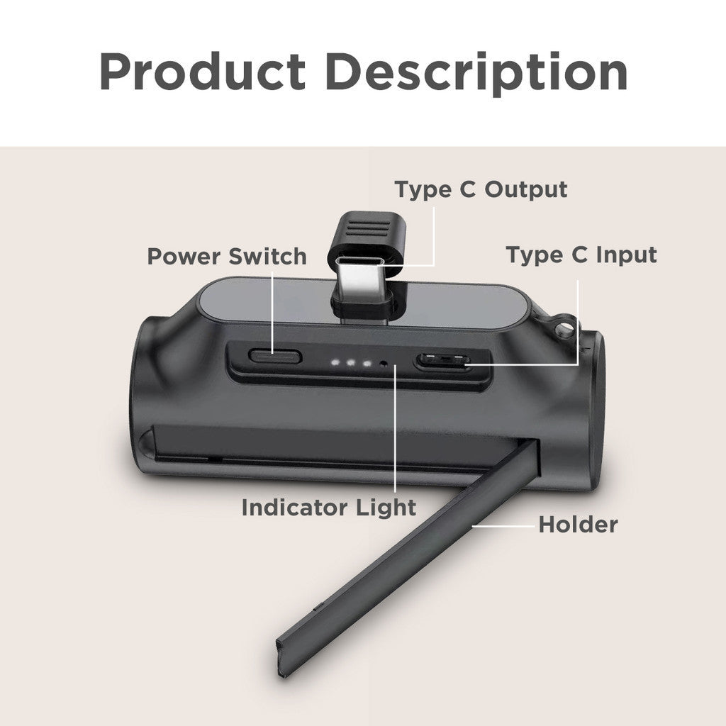 Budi Tragbare Powerbank 5000 mAh, tragbares Ladegerät, Powerbank mit integriertem Typ-C-Stecker und -Anschluss, schnell aufladbare USB-C-Powerbank mit Kontrollleuchte, Netzschalter, Halterung und Schlaufe für iPhone/Smartphone