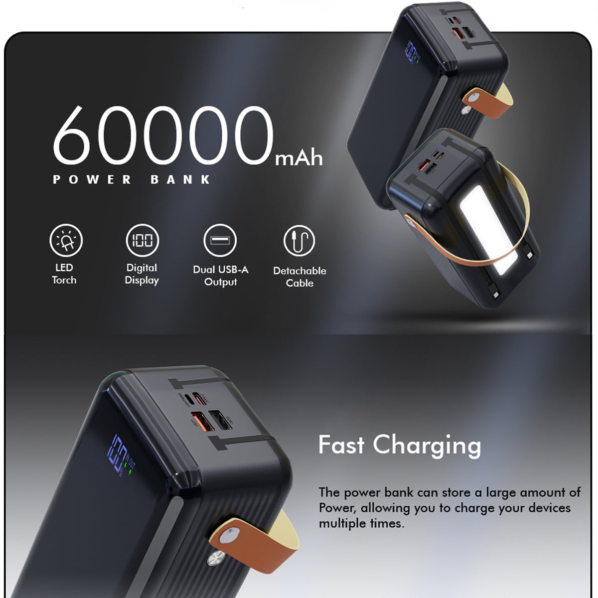 PhoneBits Portable Power Bank 60000mAh, Portable Charger Power Bank with 2 Built-in Cables (Type-C, Lightning) & Strap, Fast Charging Power Bank with USB-C/Dual USB-A Ports & LED Power Display for Smartphone/iPhone