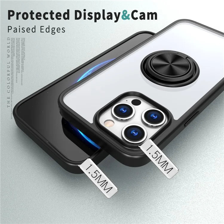 PhoneBits Protective TPU & Acrylic Transparent Magnetic iPhone Case with Holder & Chromed Camera Edge, Shockproof Crystal-Clear iPhone Ring Holder Case Compatible with Magnetic Car Mount, Mobile Phone Case with Stand, Back iPhone Holder Clear Case Cover