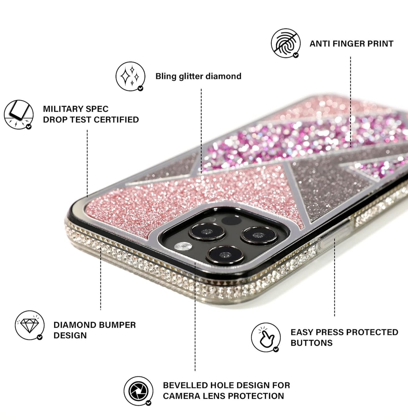 PhoneBits Luxury Bling Shining Magnetic Case for iPhone with Daimond Bumper Design and Chromed Camera Edge, TPU Shockproof iPhone Case, Ultra Protective Magnetic Mobile Phone Case Compatible with iPhone, Back iPhone Wireless Charging Case Cover