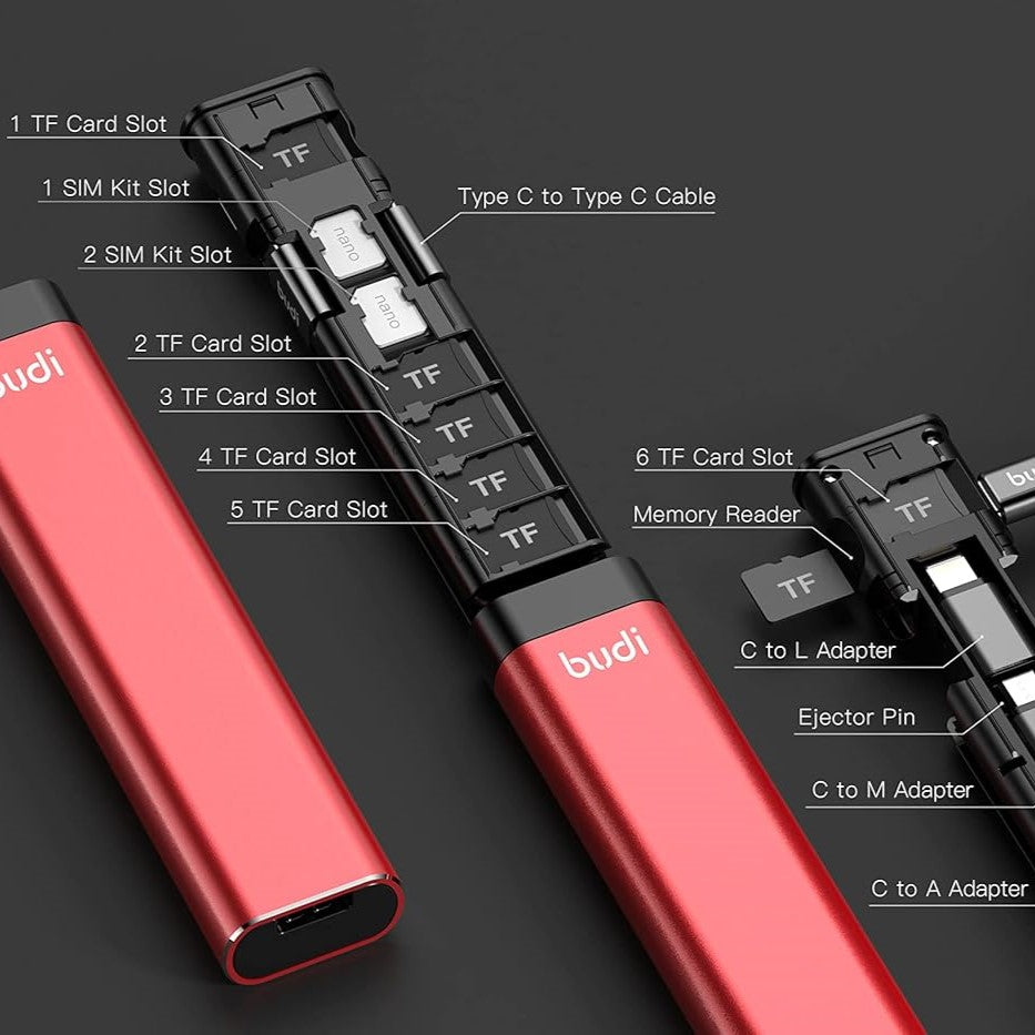 Budi 9 in 1 Essential Travel-oplaad- en datasynchronisatiekabelstick, reisstick met telefoonhouder