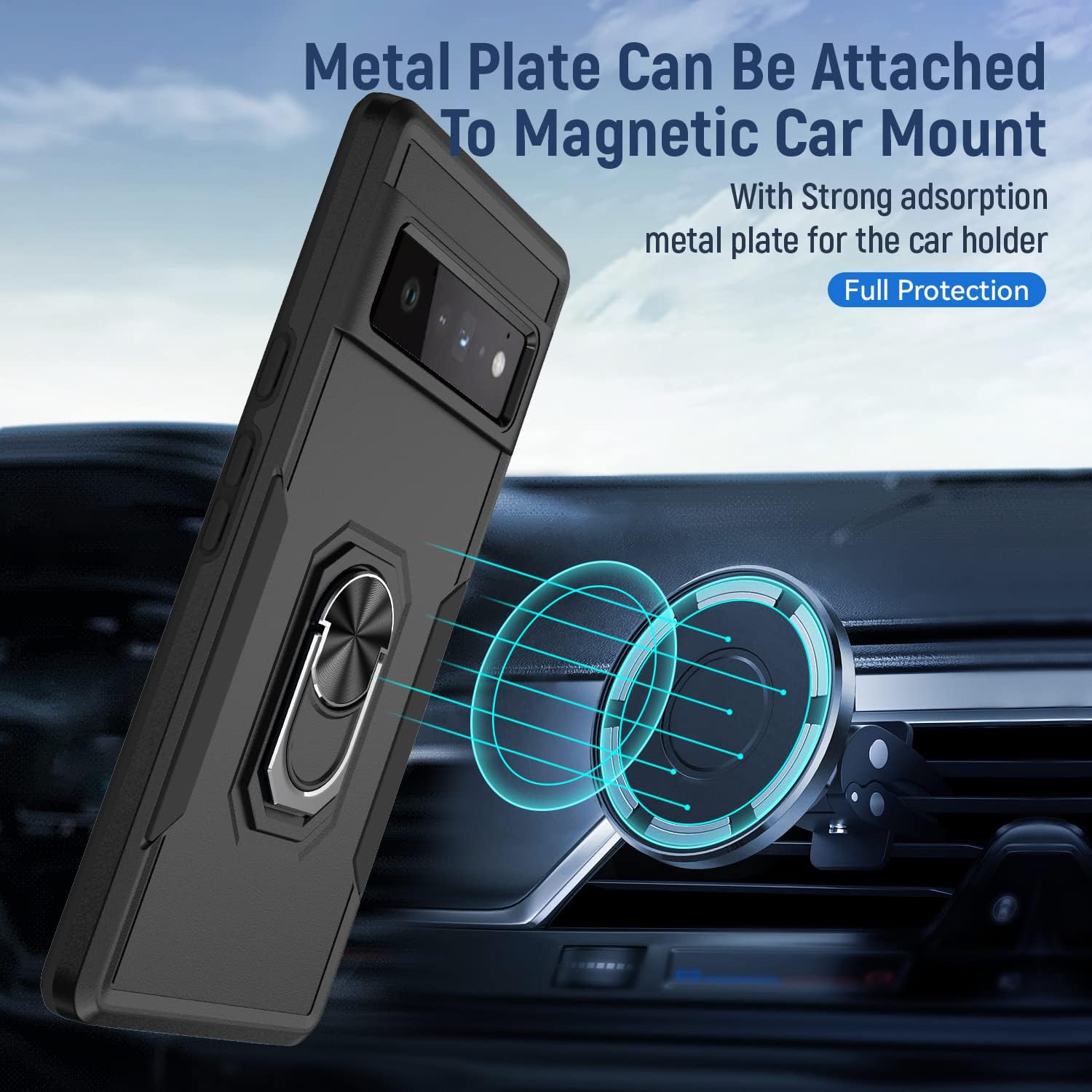 PhoneBits Armor Grade Protective Magnetic Google Pixel Case with Holder & Chromed Camera Edge, Shockproof Google Pixel Ring Holder Case Compatible with Magnetic Car Mount, Mobile Phone Case with Stand, Back Google Pixel Holder Case Cover