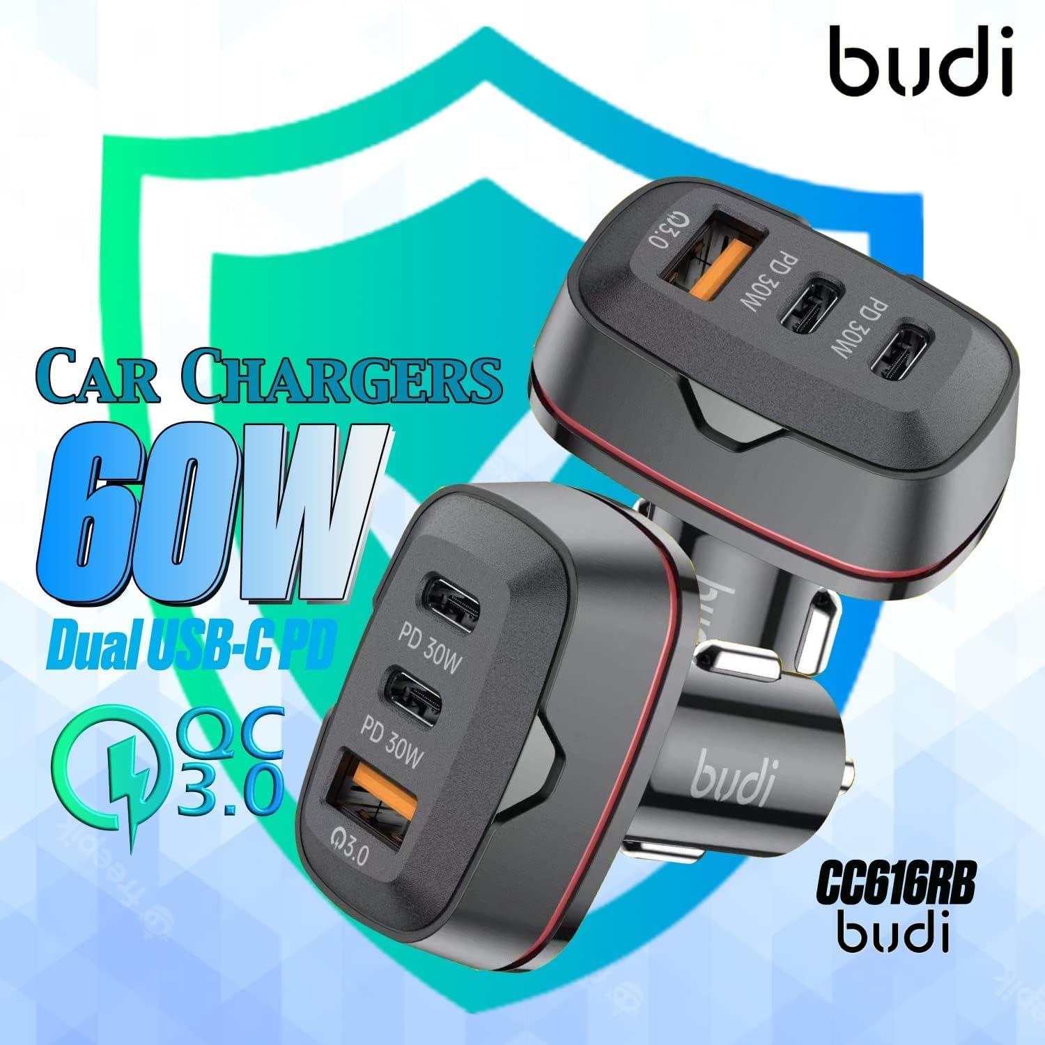 Budi 3 Ports USB Car Charger, QC3.0 USB-A & Dual PD USB-C In Car Charger Socket, Fast Charging Car Phone Charger with LED Indicator, Power Car Charger Adapter for Cigarette Lighter Socket