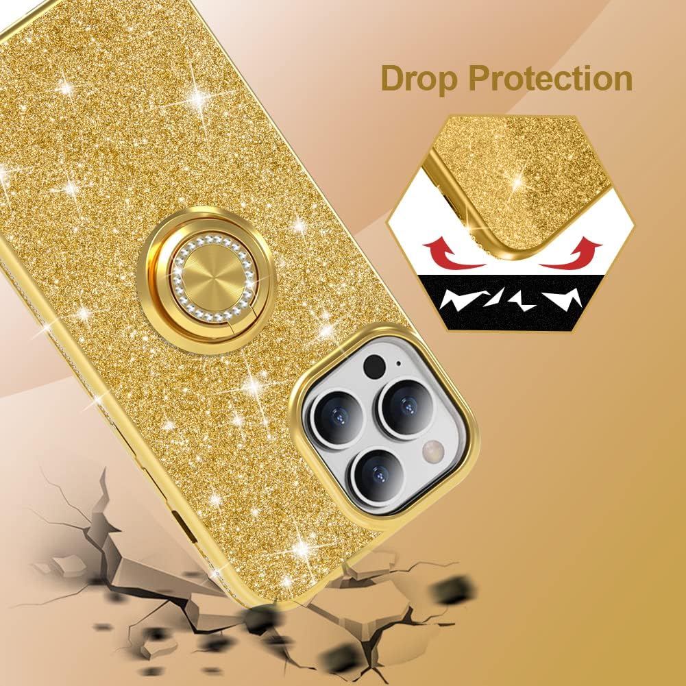 PhoneBits Slim Shiny Diamond Beaded iPhone Case with Ring Holder & Chromed Camera Edge, Protective Shockproof iPhone Ring Holder Case Compatible with iPhone, Mobile Phone Case with Stand for iPhone, Back iPhone Holder Case Cover with Kickstand Ring