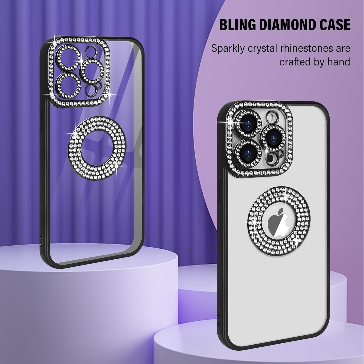 PhoneBits Luxury Clear TPU MagSafe Case for iPhone with Sparkly Daimond Rhinestone Camera Lens Frame & Wireless Charging Ring, Transparent Shockproof iPhone Case Compatible with iPhone MagSafe Chargers, Protective Magnetic Mobile Phone Back Case Cover