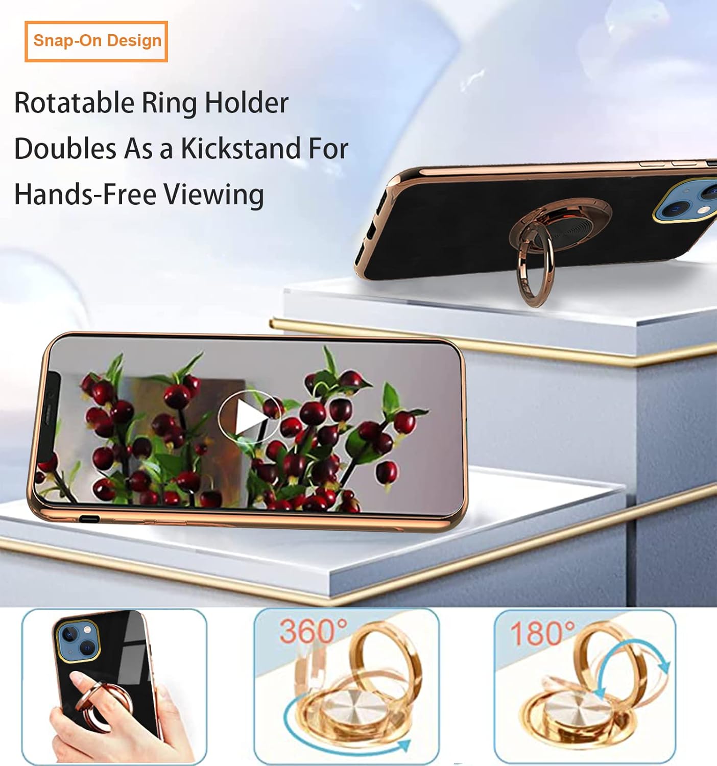 PhoneBits Luxury Soft Silicone Magnetic iPhone Case with Ring Holder & Gold Plated Camera/ Screen Edges, TPU Protective Shockproof iPhone Ring Holder Case Compatible with Magnetic Car Mount, Mobile Phone Case with Stand, Back iPhone Holder Case Cover