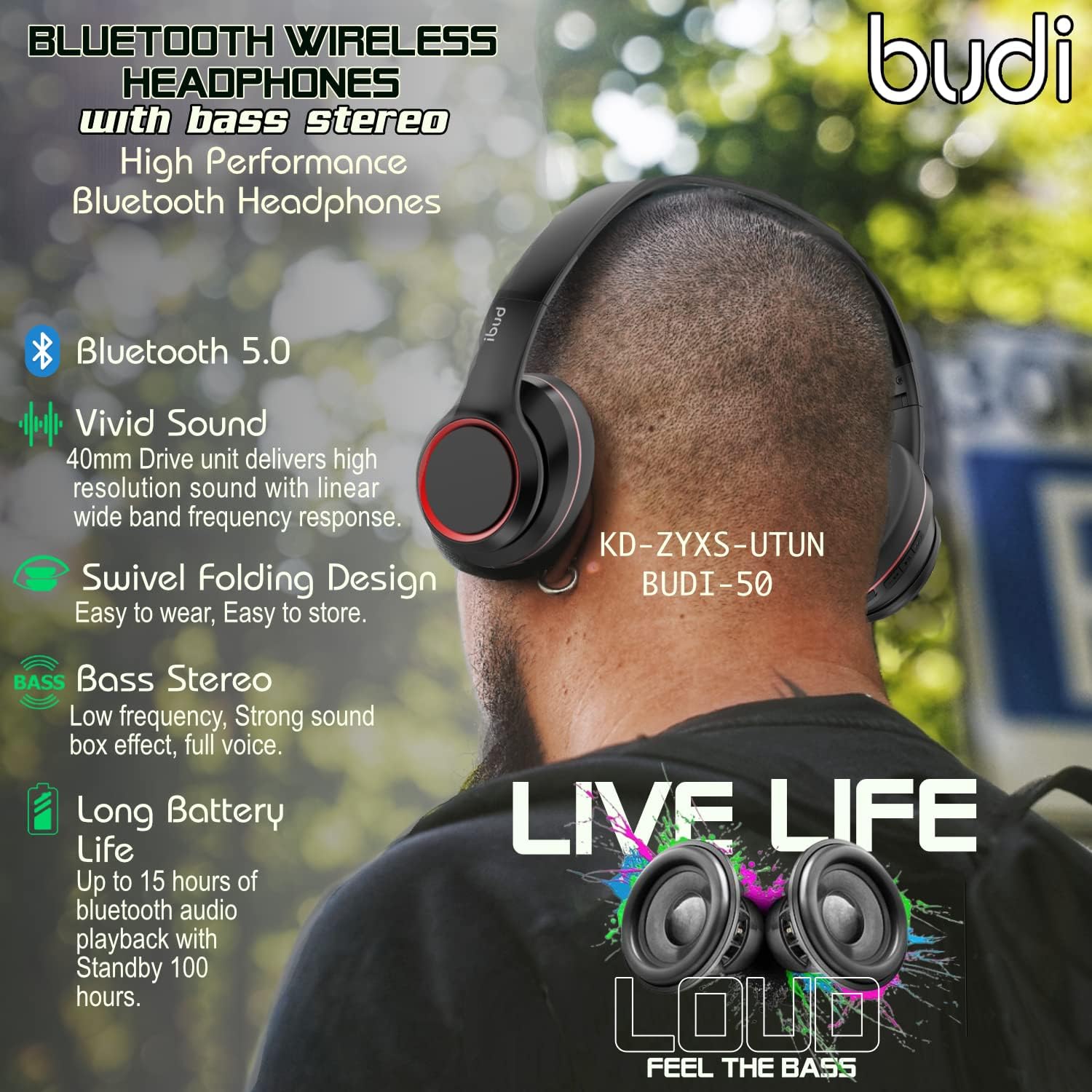 Draadloze hoofdtelefoon met basstereo, Budi opvouwbare Bluetooth-hoofdtelefoon