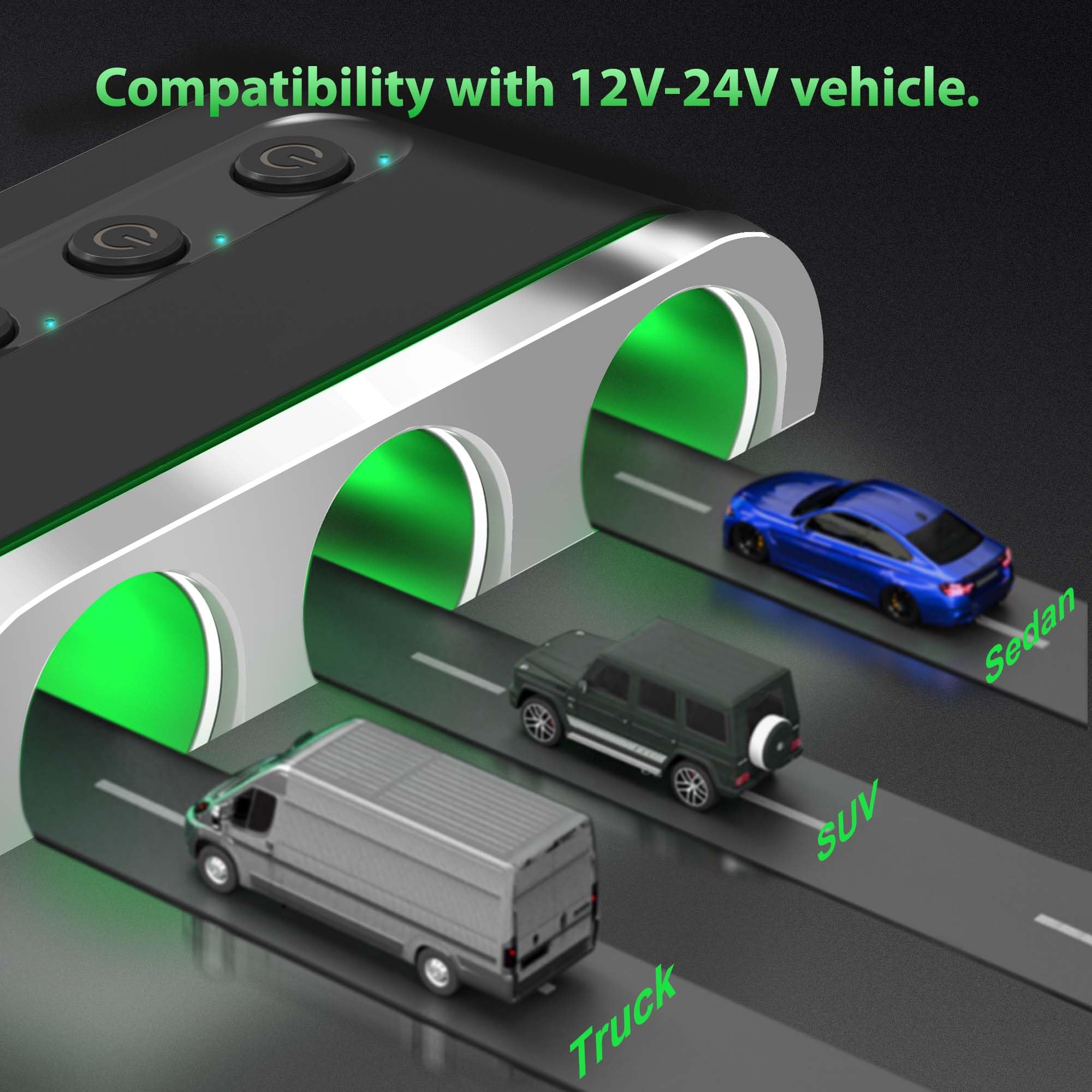 PhoneBits neuestes Autoladegerät mit 3 Zigarettenanzünderbuchsen, zwei USB-A-Schnellladeanschlüssen, An-/Aus-Schaltern, LED-Anzeige und Spannungsanzeige 