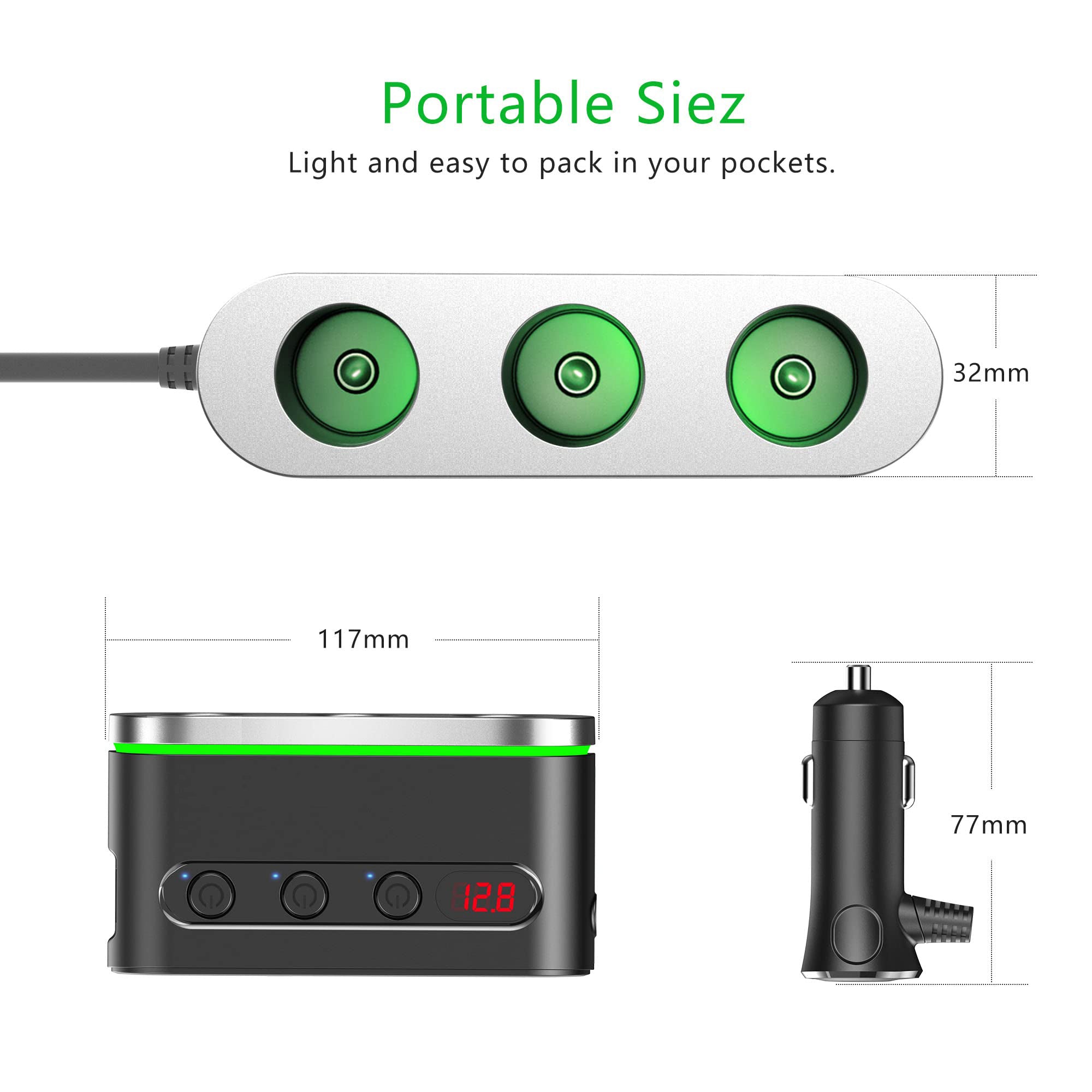 PhoneBits nieuwste autolader met 3 sigarettenaanstekeraansluitingen, dubbele USB A-poorten voor snel opladen, AAN/UIT-schakelaarknoppen, LED-indicator en spanningsweergave 