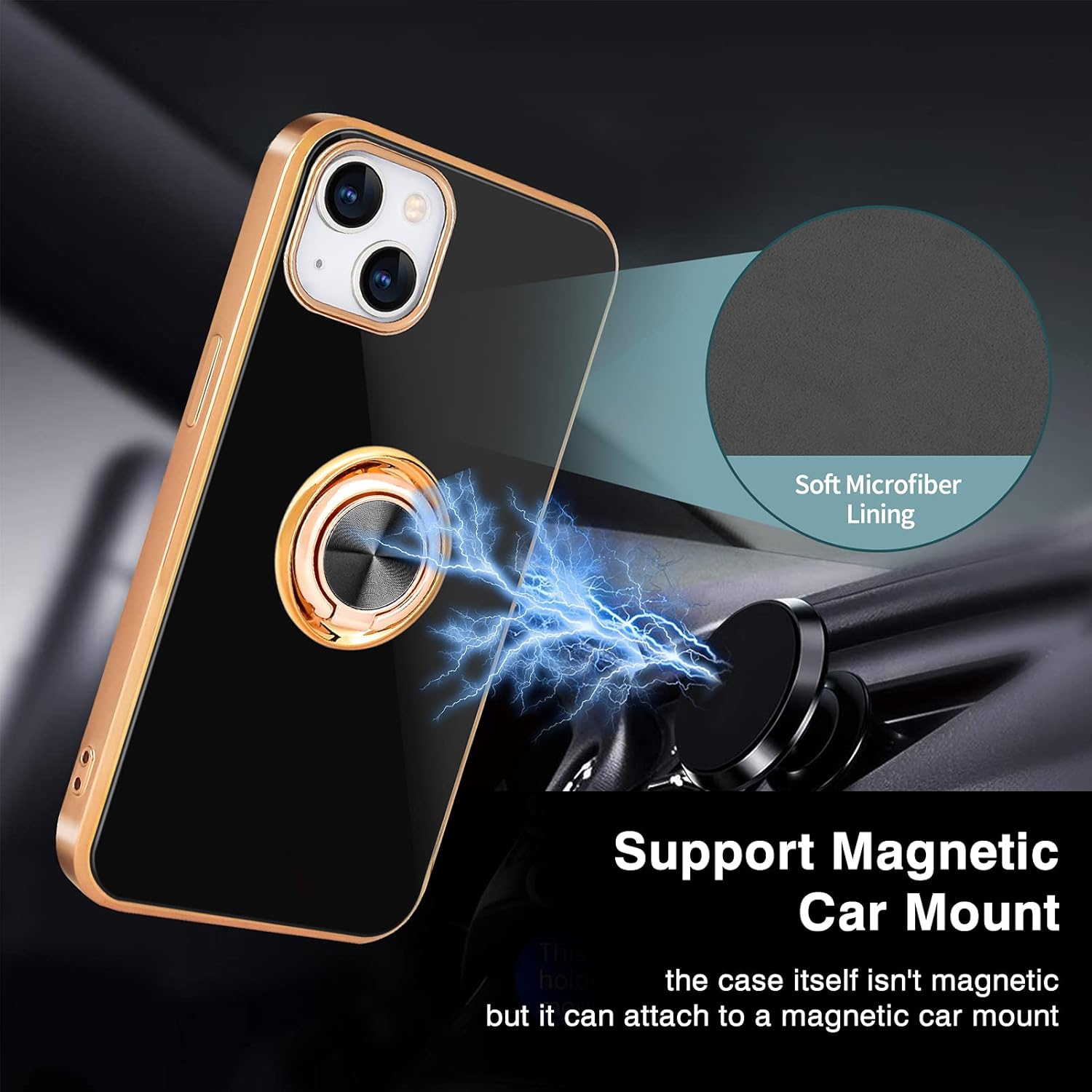 PhoneBits Luxury Soft Silicone Magnetic iPhone Case with Ring Holder & Gold Plated Camera/ Screen Edges, TPU Protective Shockproof iPhone Ring Holder Case Compatible with Magnetic Car Mount, Mobile Phone Case with Stand, Back iPhone Holder Case Cover