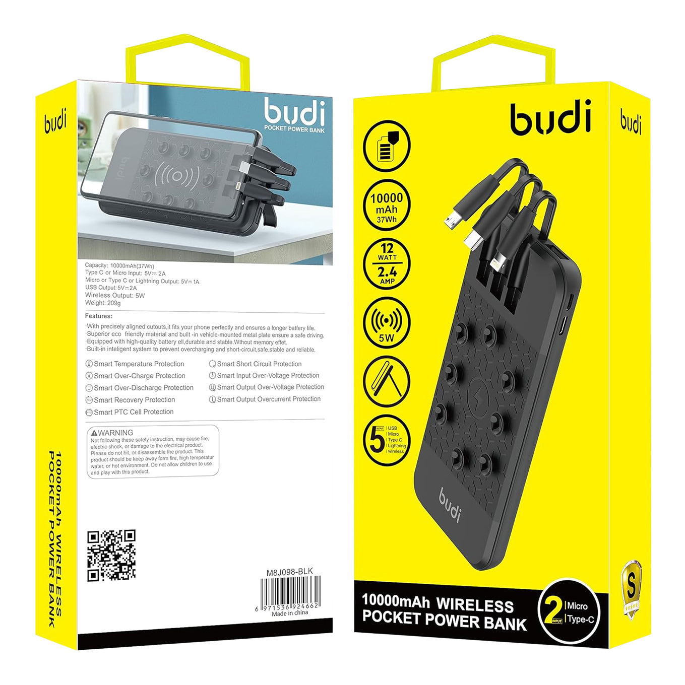 Budi Octopus draagbare powerbank 10000mAh, multi-oplaadbare powerbank met USB, draadloos opladen en 3 ingebouwde kabelsets (type-C, micro, lightning), draagbare oplader MagSafe powerbank, PD snel opladende magnetische powerbank voor iPhone/smartphone