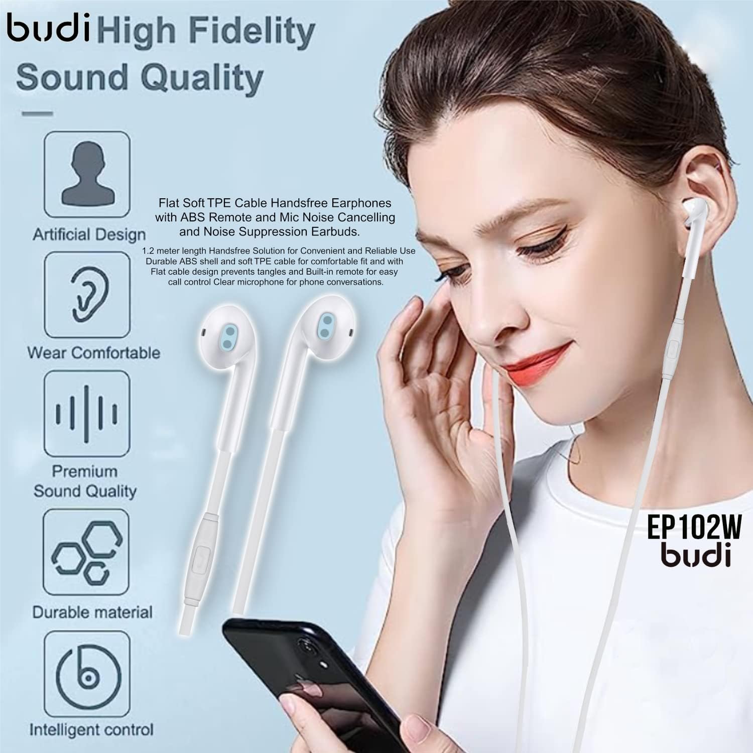 Budi-oortelefoon met microfoon en afstandsbediening, handsfree met microfoon en afstandsbediening