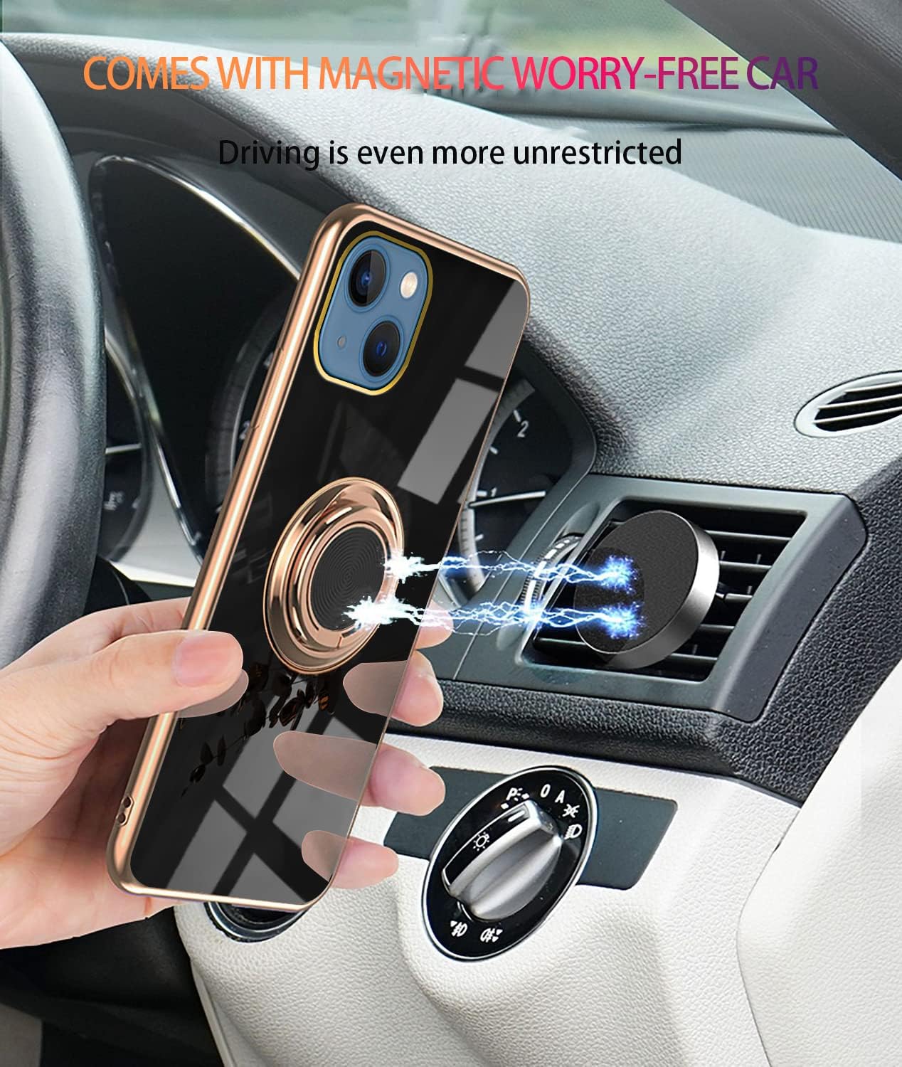 PhoneBits Luxury Soft Silicone Magnetic iPhone Case with Ring Holder & Gold Plated Camera/ Screen Edges, TPU Protective Shockproof iPhone Ring Holder Case Compatible with Magnetic Car Mount, Mobile Phone Case with Stand, Back iPhone Holder Case Cover