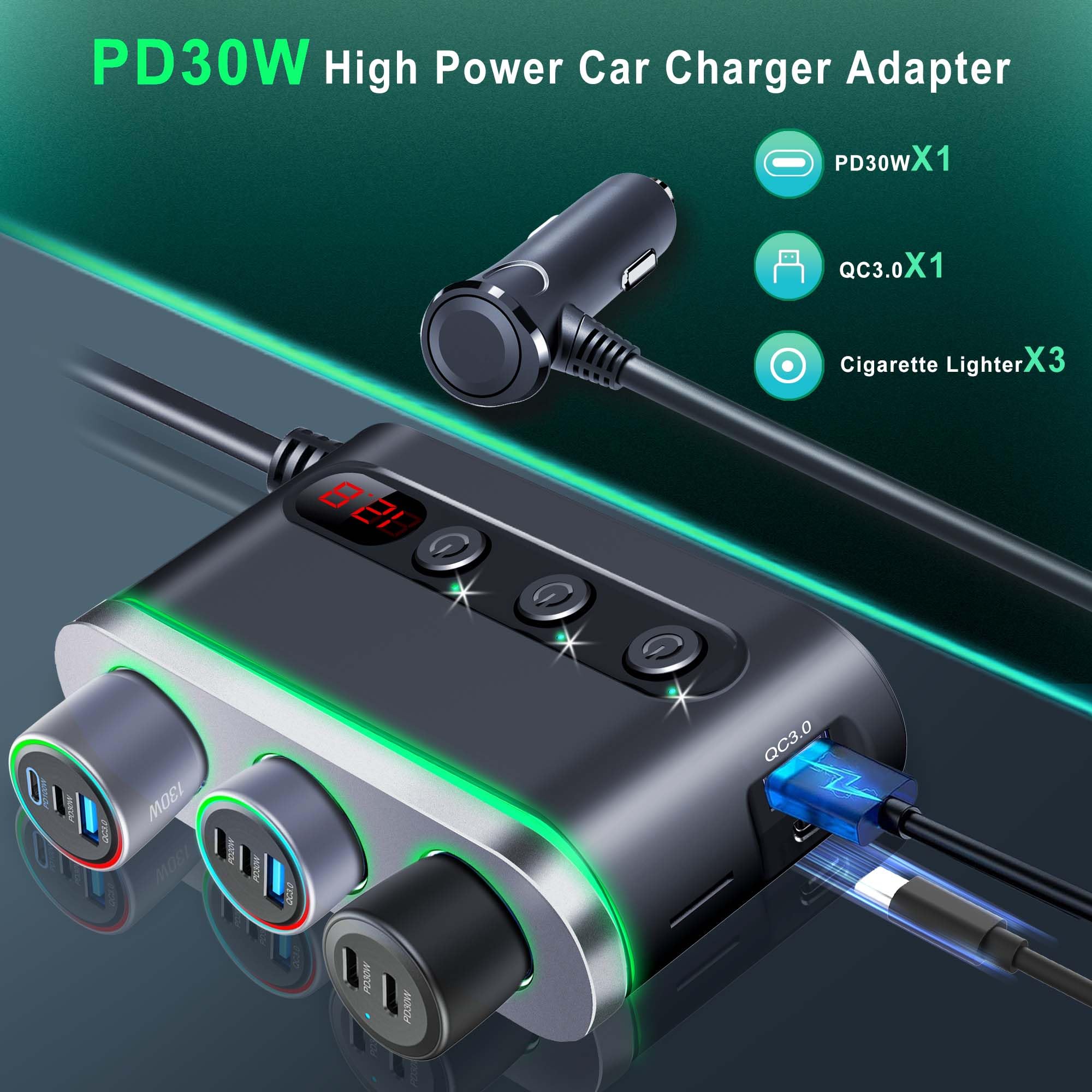 PhoneBits 3 Ports Cigarette Lighter Sockets & USB Car Charger, QC3.0 USB-A/PD USB-C Ports In Car Charger Socket, Fast Charging Car Phone Charger with Cable, Voltage Monitor & 3 On/Off Switch Buttons, Power Car Charger & Cigarette Lighter Adapter