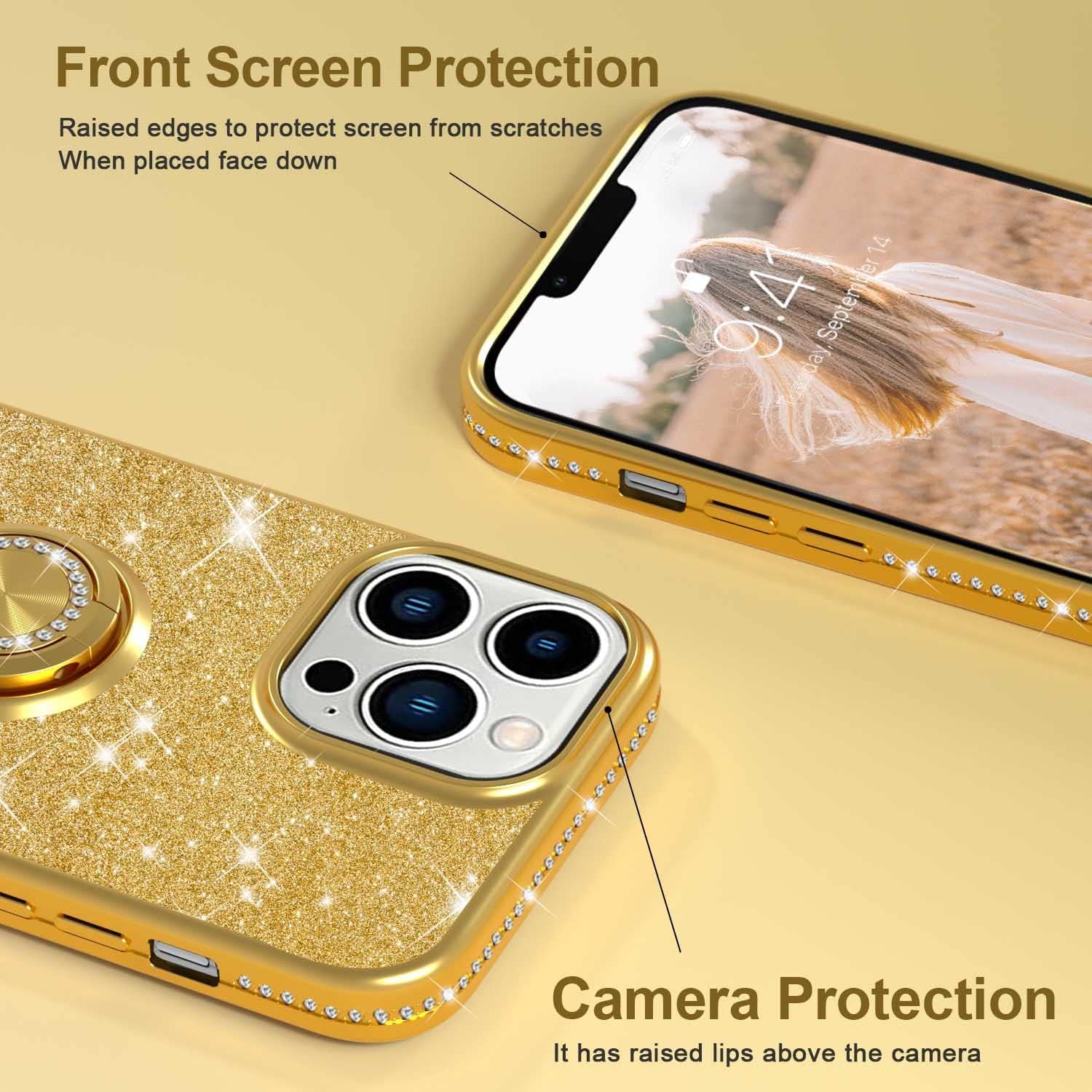 PhoneBits Slim Shiny Diamond Beaded iPhone Case with Ring Holder & Chromed Camera Edge, Protective Shockproof iPhone Ring Holder Case Compatible with iPhone, Mobile Phone Case with Stand for iPhone, Back iPhone Holder Case Cover with Kickstand Ring