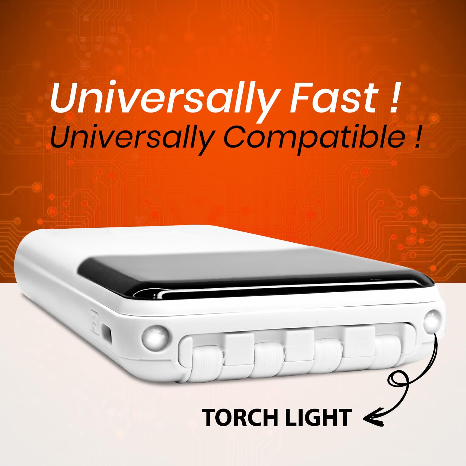 10000mAh Portable Power Bank with Built-In Cables and LED Lights