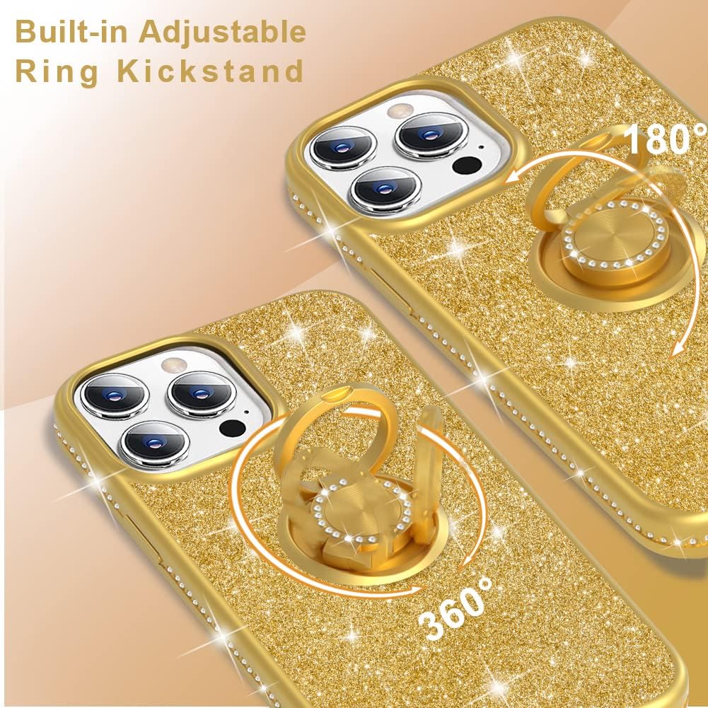 PhoneBits Slim Shiny Diamond Beaded iPhone Case with Ring Holder & Chromed Camera Edge, Protective Shockproof iPhone Ring Holder Case Compatible with iPhone, Mobile Phone Case with Stand for iPhone, Back iPhone Holder Case Cover with Kickstand Ring