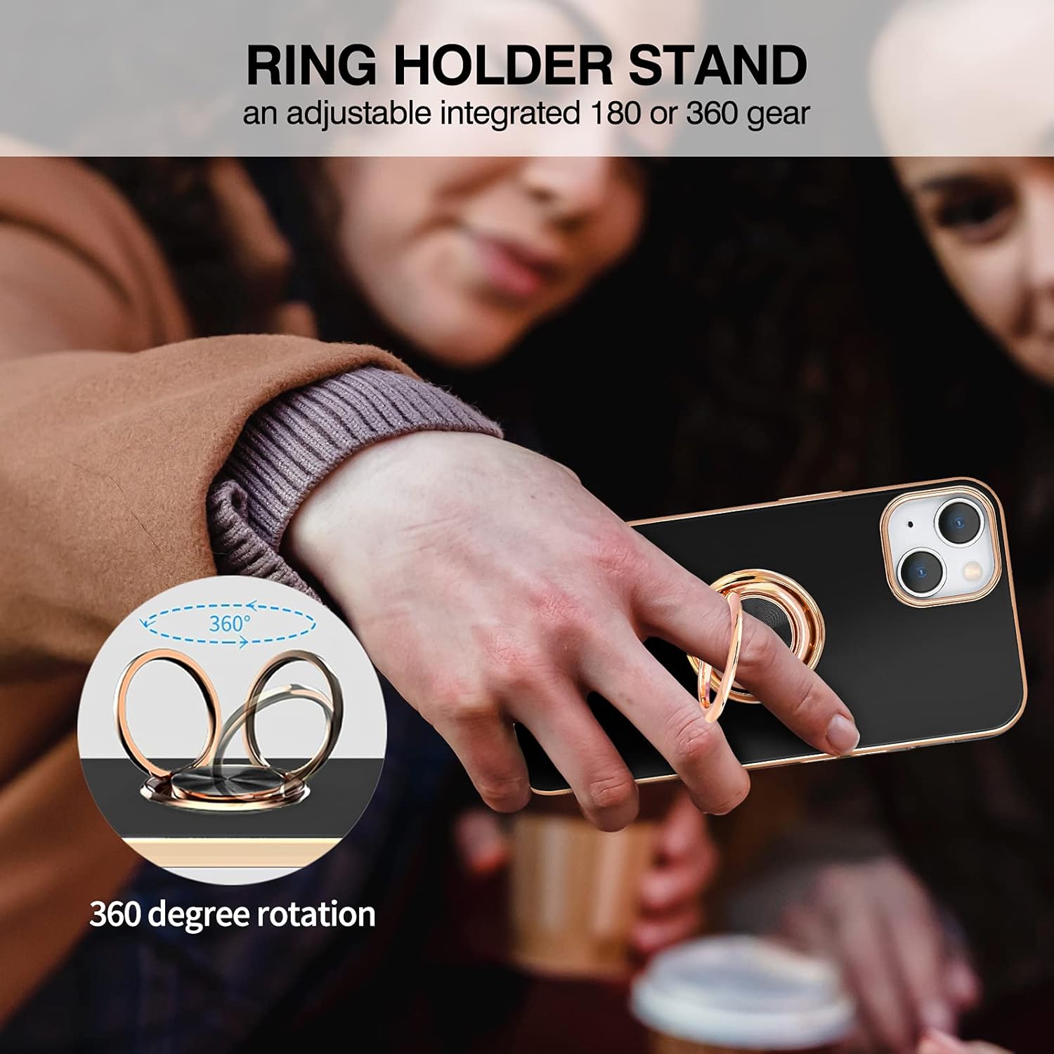 PhoneBits Luxury Soft Silicone Magnetic iPhone Case with Ring Holder & Gold Plated Camera/ Screen Edges, TPU Protective Shockproof iPhone Ring Holder Case Compatible with Magnetic Car Mount, Mobile Phone Case with Stand, Back iPhone Holder Case Cover