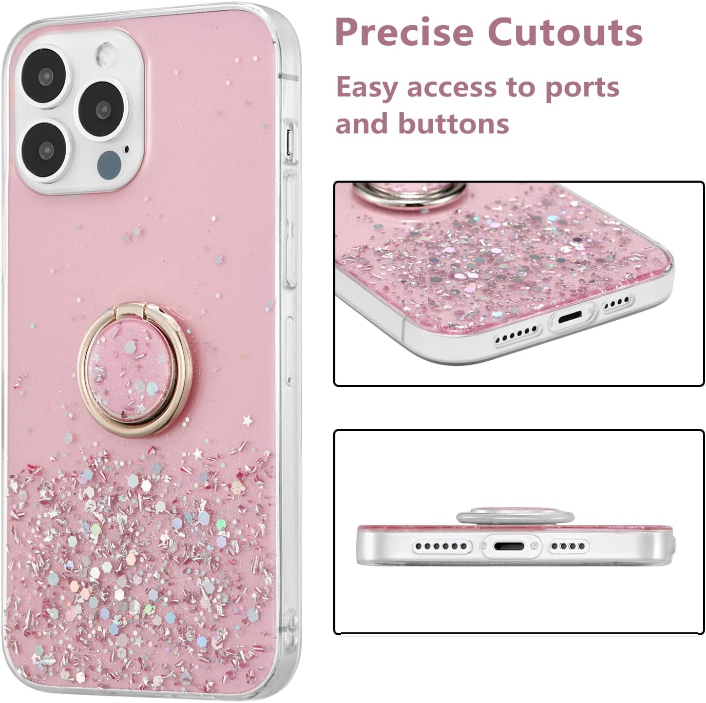 PhoneBits Slim Glittery Soft TPU iPhone Case with Ring Holder & Chromed Camera Edge, Protective Shockproof iPhone Ring Holder Case Compatible with iPhone, Mobile Phone Case with Stand for iPhone, Back iPhone Holder Case Cover with Kickstand Ring