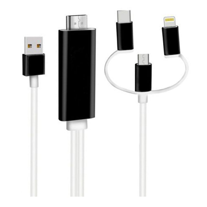 3 in 1 HDMI-kabeladapter Type C/Micro USB/iPhone, 3 in 1 Sync Screen Connector-kabel Compatibel voor verlichting USB C Micro USB naar HDTV-projectormonitor