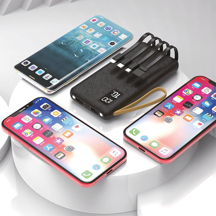 PhoneBits Tragbare Powerbank 10000 mAh, tragbare Lade-Powerbank mit 4 integrierten Kabeln (Typ C, Micro, Lightning und USB), Schnelllade-Powerbank mit digitaler LED-Anzeige und Gurt für Smartphone/iPhone/Tablet