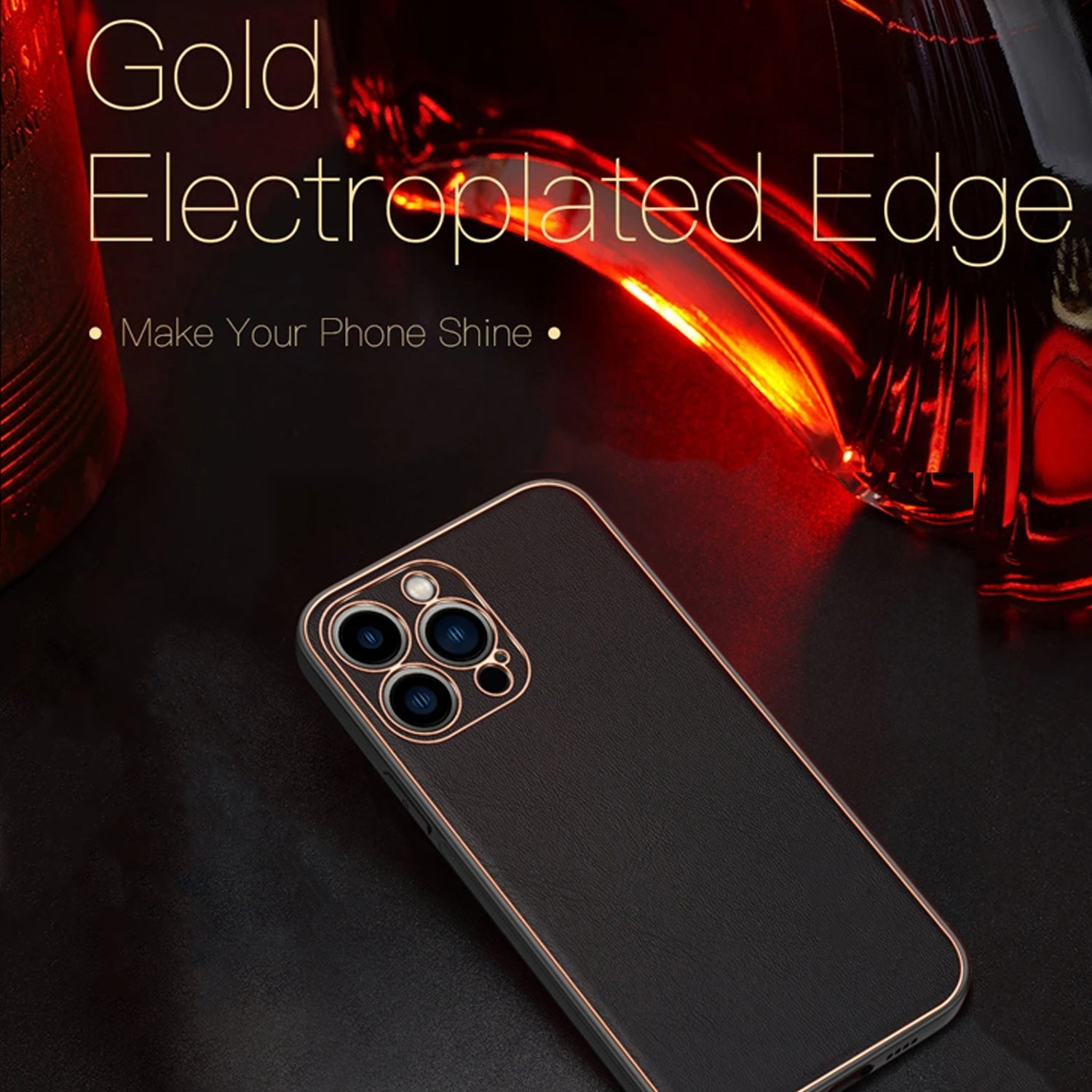 PhoneBits Luxury Slim PU Leather Magnetic Case for iPhone with Camera Lens Protection & Gold Electroplated Edges, Protective Shockproof iPhone Case Compatible with iPhone, Magnetic Wireless Charging Mobile Phone Leather Case, Back iPhone Case Cover