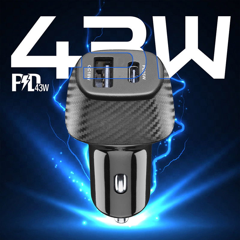 30W Fiber Carbon Design In-Car Charger With USB-A and USB-C Ports