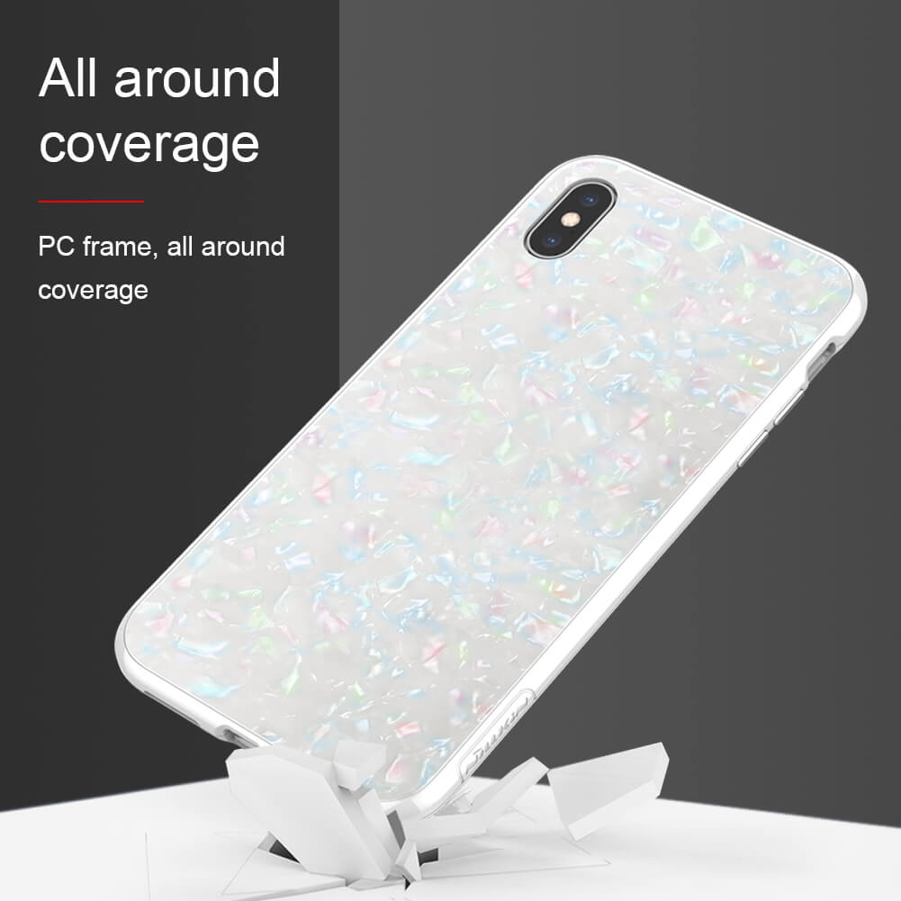 PhoneBits Ultra Slim Shiny Seashell Pattern Hard Glass iPhone Case with Chromed Camera Edge & PC Frame, Protective Shockproof Phone Case Compatible with iPhone, Mobile Phone Glass Case for iPhone, Back iPhone Case Cover