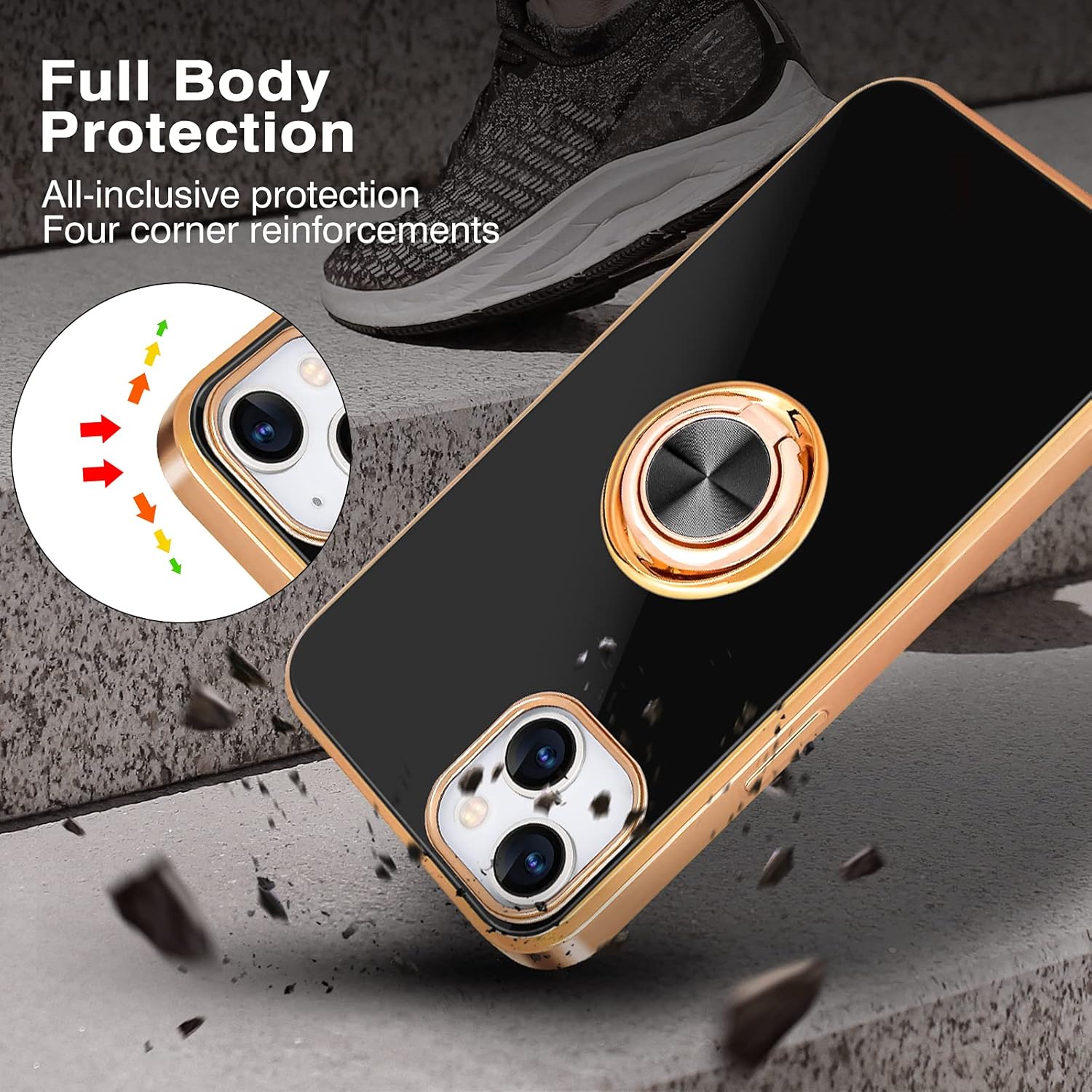 PhoneBits Luxury Soft Silicone Magnetic iPhone Case with Ring Holder & Gold Plated Camera/ Screen Edges, TPU Protective Shockproof iPhone Ring Holder Case Compatible with Magnetic Car Mount, Mobile Phone Case with Stand, Back iPhone Holder Case Cover