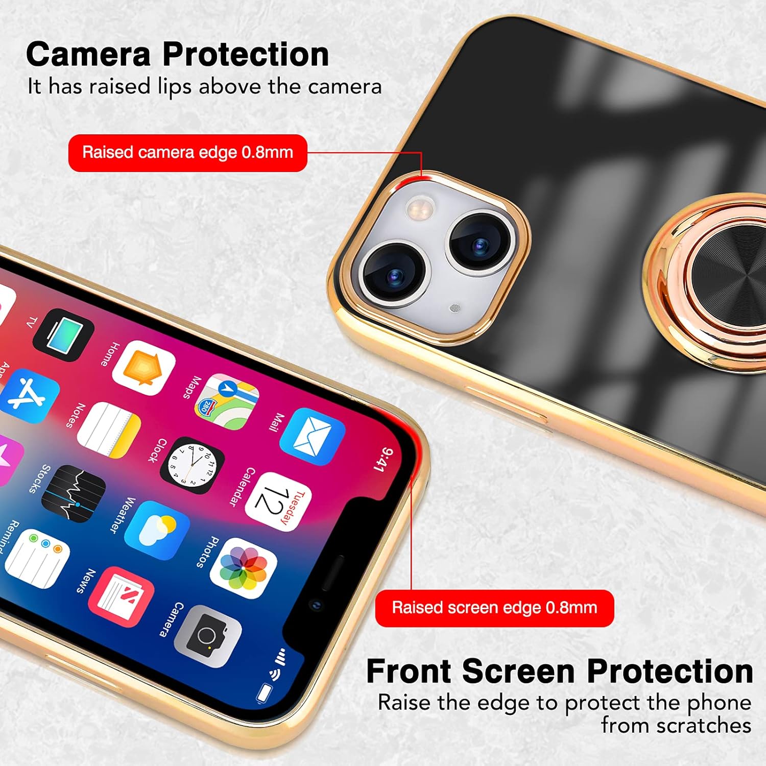 PhoneBits Luxury Soft Silicone Magnetic iPhone Case with Ring Holder & Gold Plated Camera/ Screen Edges, TPU Protective Shockproof iPhone Ring Holder Case Compatible with Magnetic Car Mount, Mobile Phone Case with Stand, Back iPhone Holder Case Cover