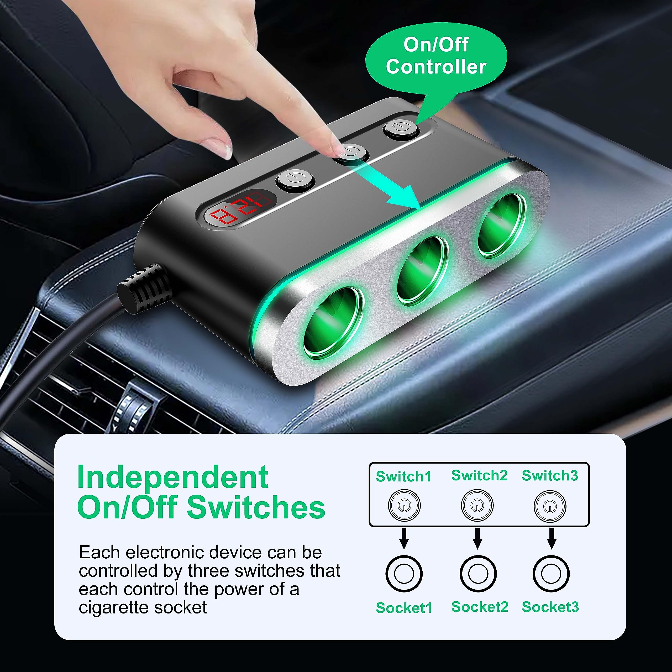 PhoneBits 3 Ports Cigarette Lighter Sockets & USB Car Charger, QC3.0 USB-A/PD USB-C Ports In Car Charger Socket, Fast Charging Car Phone Charger with Cable, Voltage Monitor & 3 On/Off Switch Buttons, Power Car Charger & Cigarette Lighter Adapter